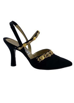 S/S 1995 Gianni Versace Medusa Gem Rhinestone Chain Medallion Black Satin Heels