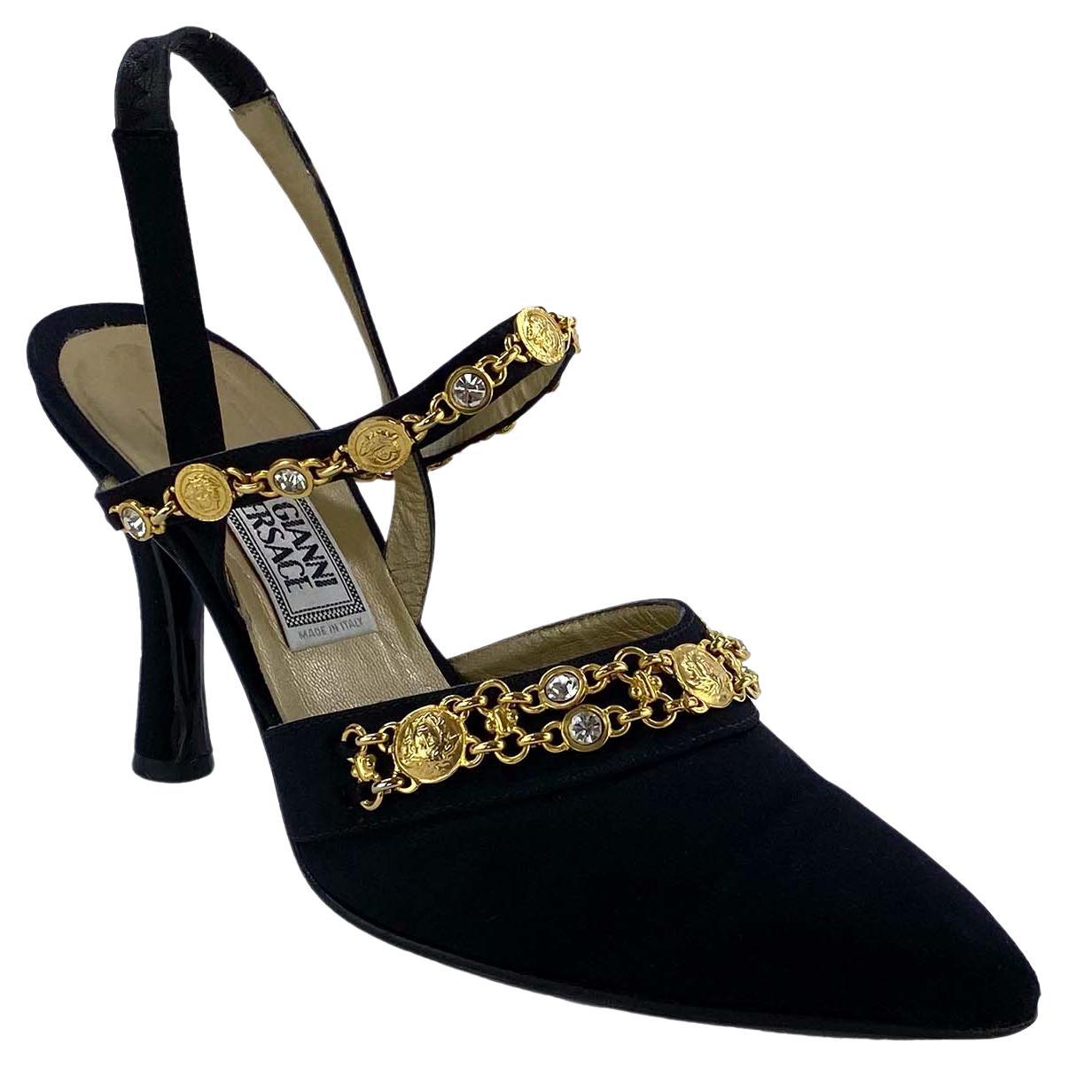 S/S 1995 Gianni Versace Medusa Gem Rhinestone Chain Medallion Black Satin Heels