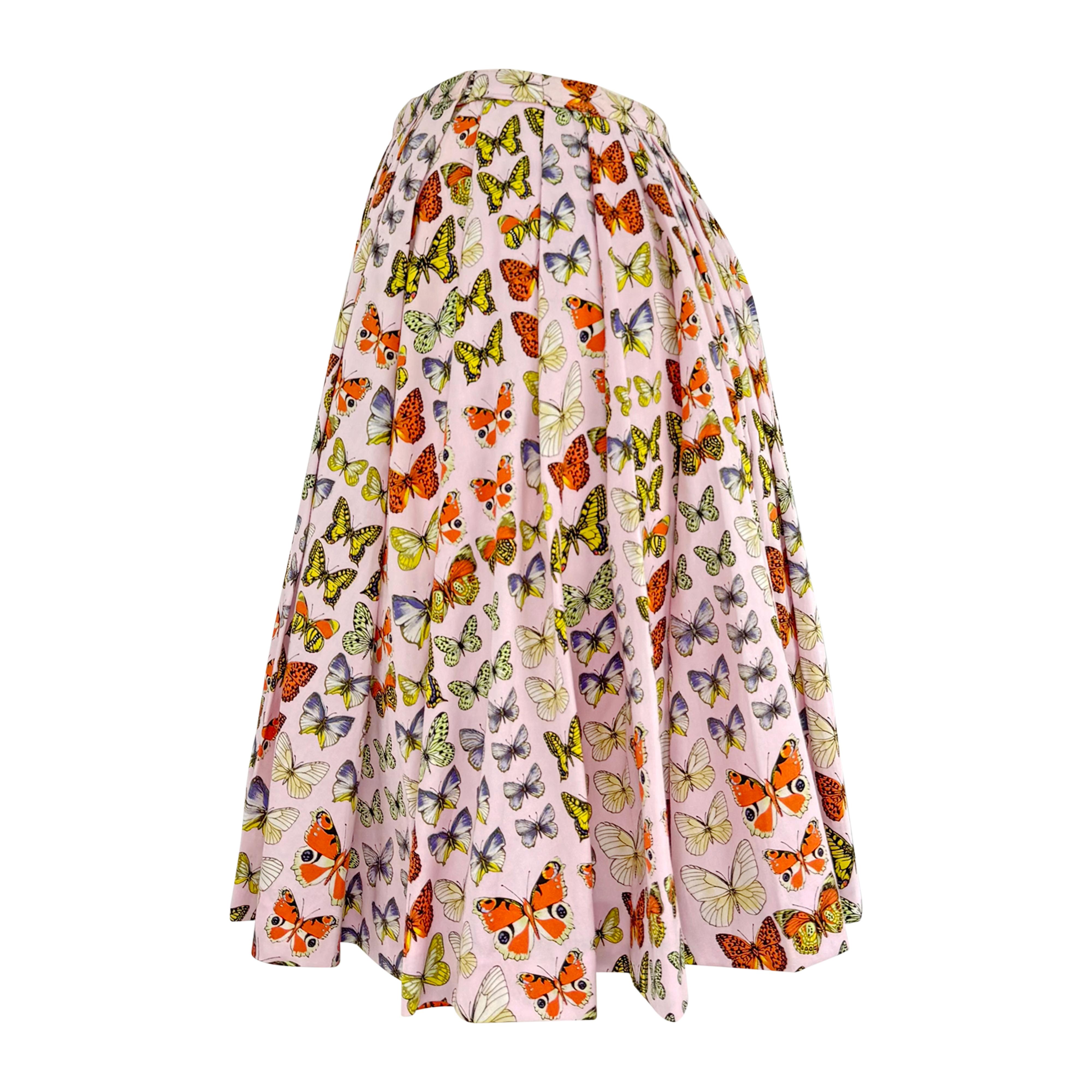 S/S 1995 Gianni Versace Prototipo Falda plisada con estampado de mariposas rosa Beige en venta