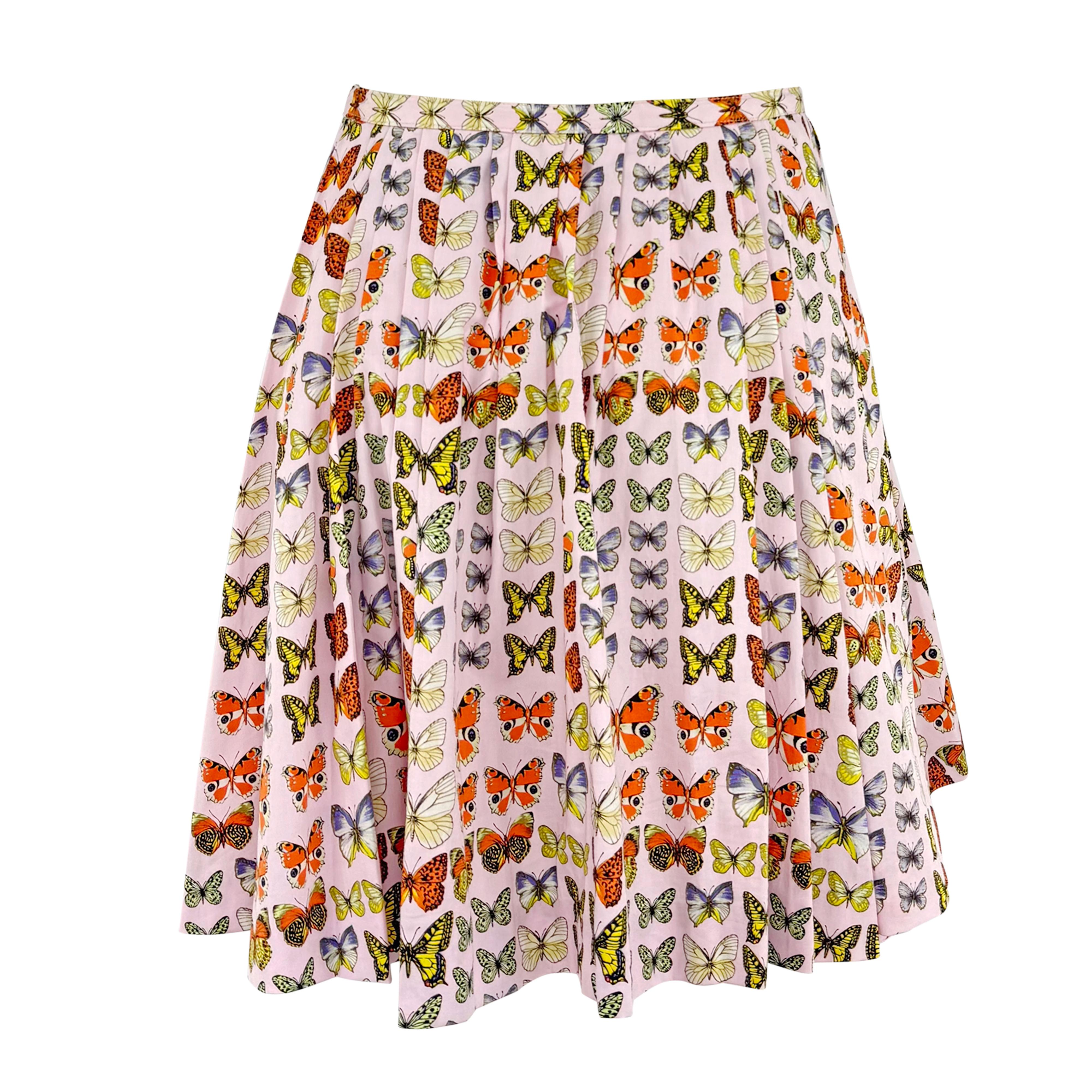 S/S 1995 Gianni Versace Prototipo Falda plisada con estampado de mariposas rosa en Excelente estado para la venta en West Hollywood, CA