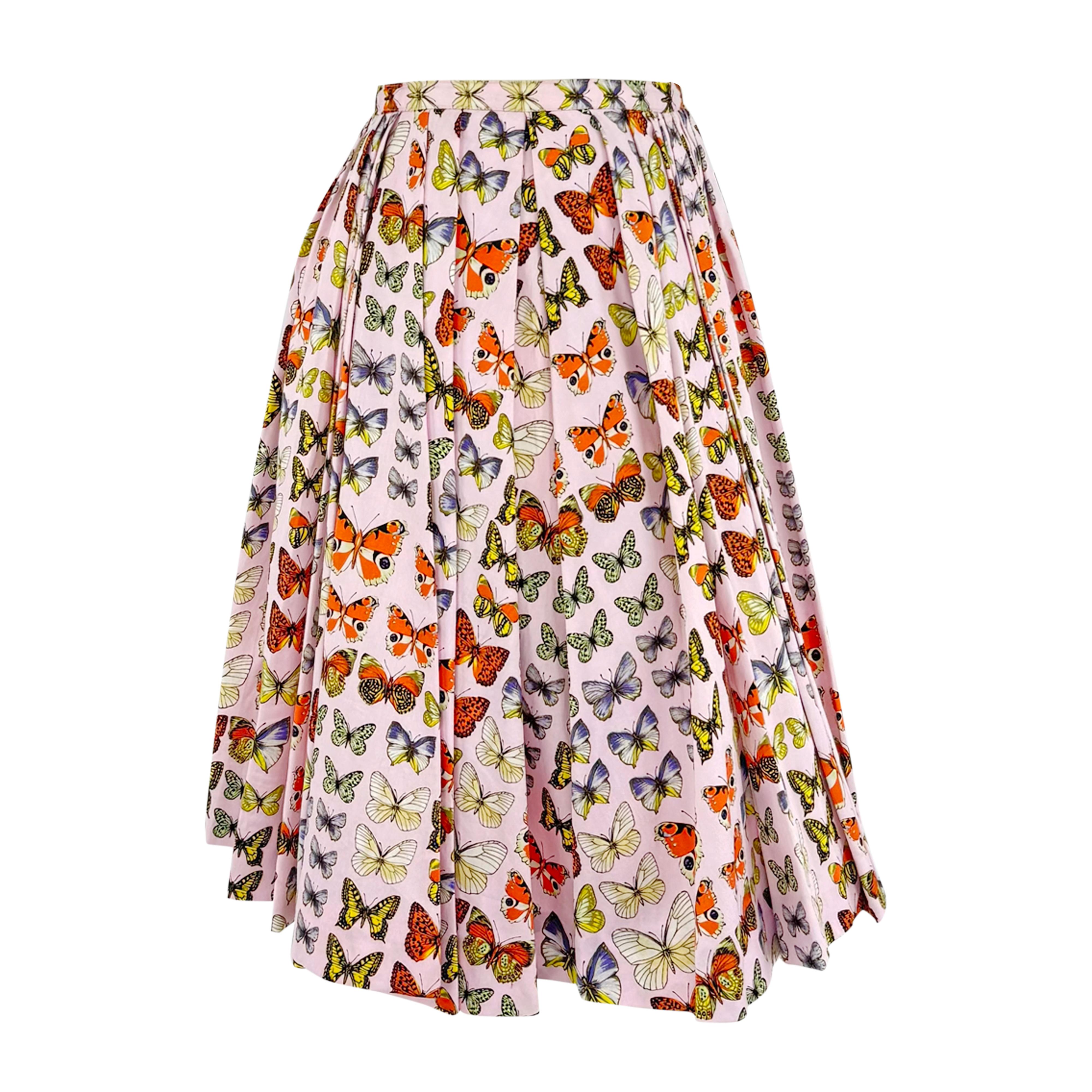 De las mujeres S/S 1995 Gianni Versace Prototipo Falda plisada con estampado de mariposas rosa en venta