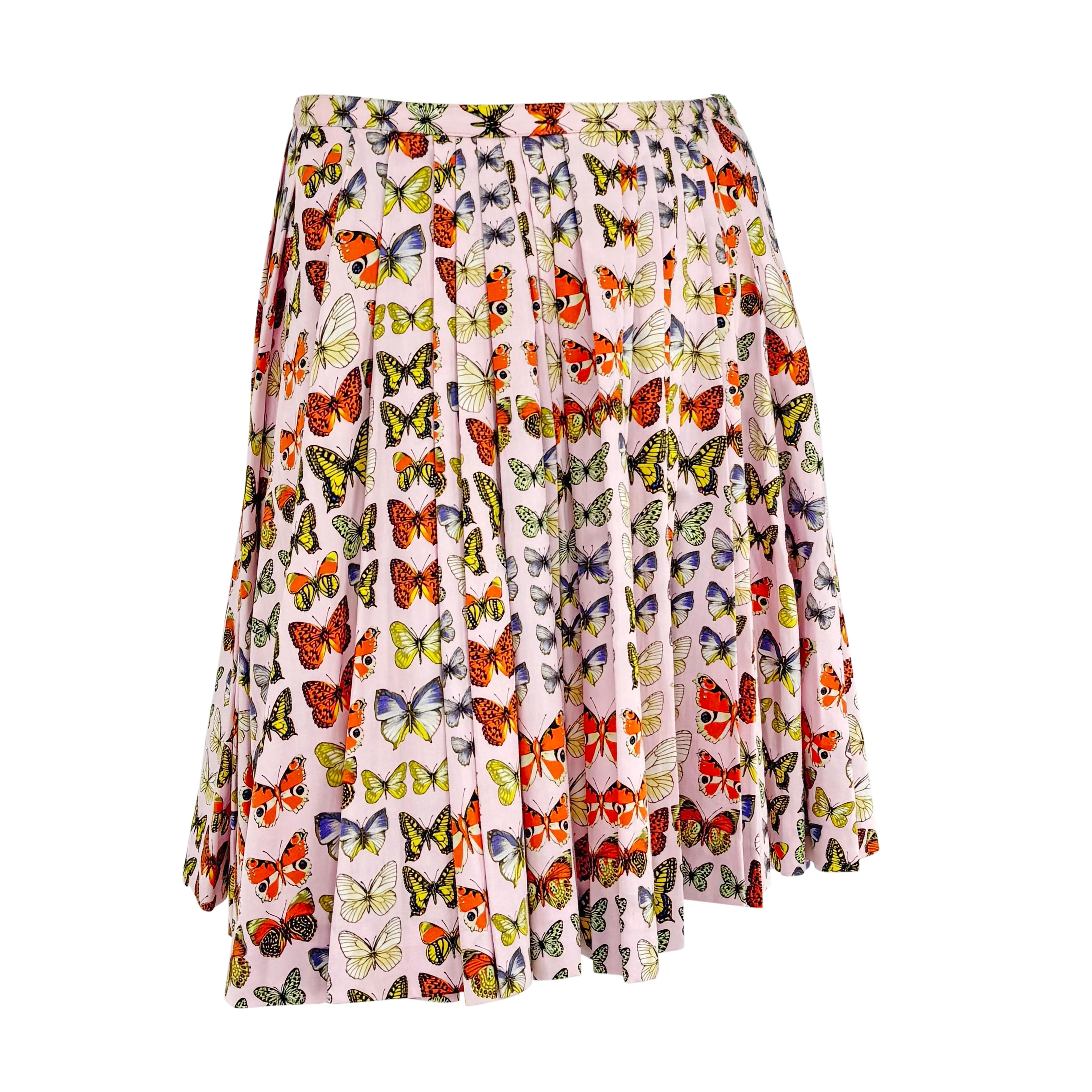 S/S 1995 Gianni Versace Prototipo Falda plisada con estampado de mariposas rosa en venta 1