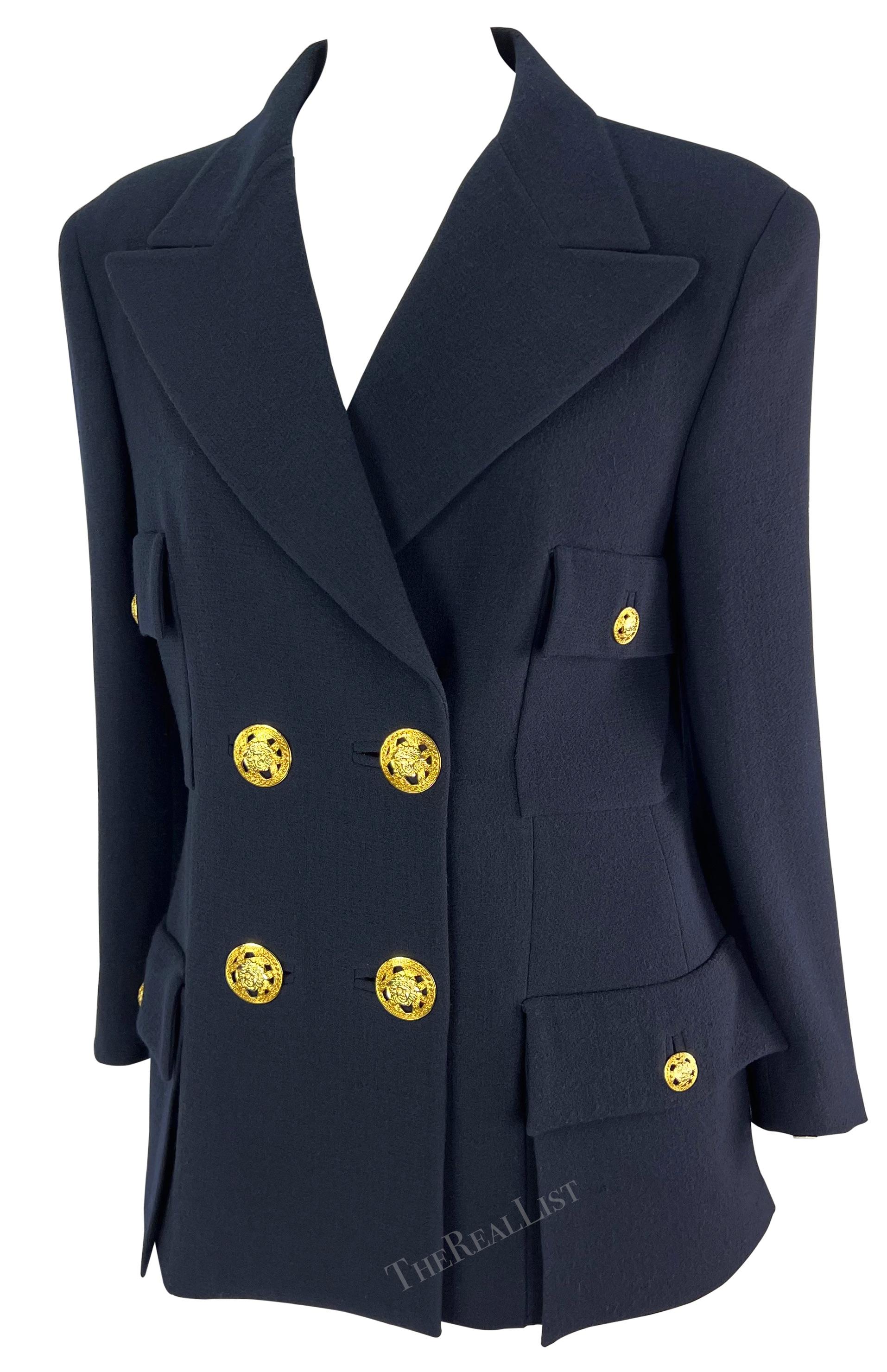 Women's S/S 1995 Gianni Versace Runway Ad Navy Double Breasted Medusa Blazer For Sale