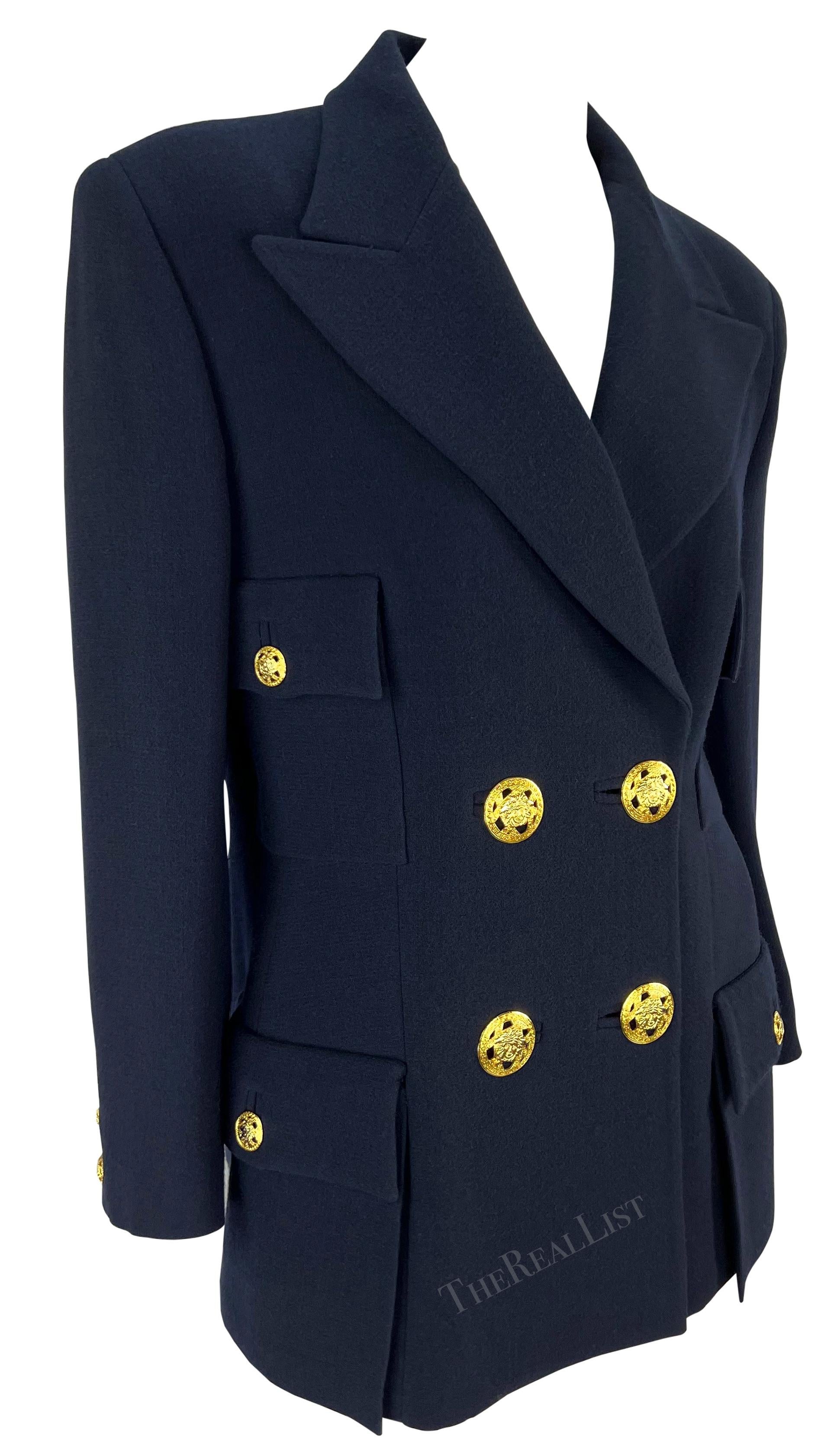 S/S 1995 Gianni Versace Runway Ad Navy Double Breasted Medusa Blazer For Sale 5