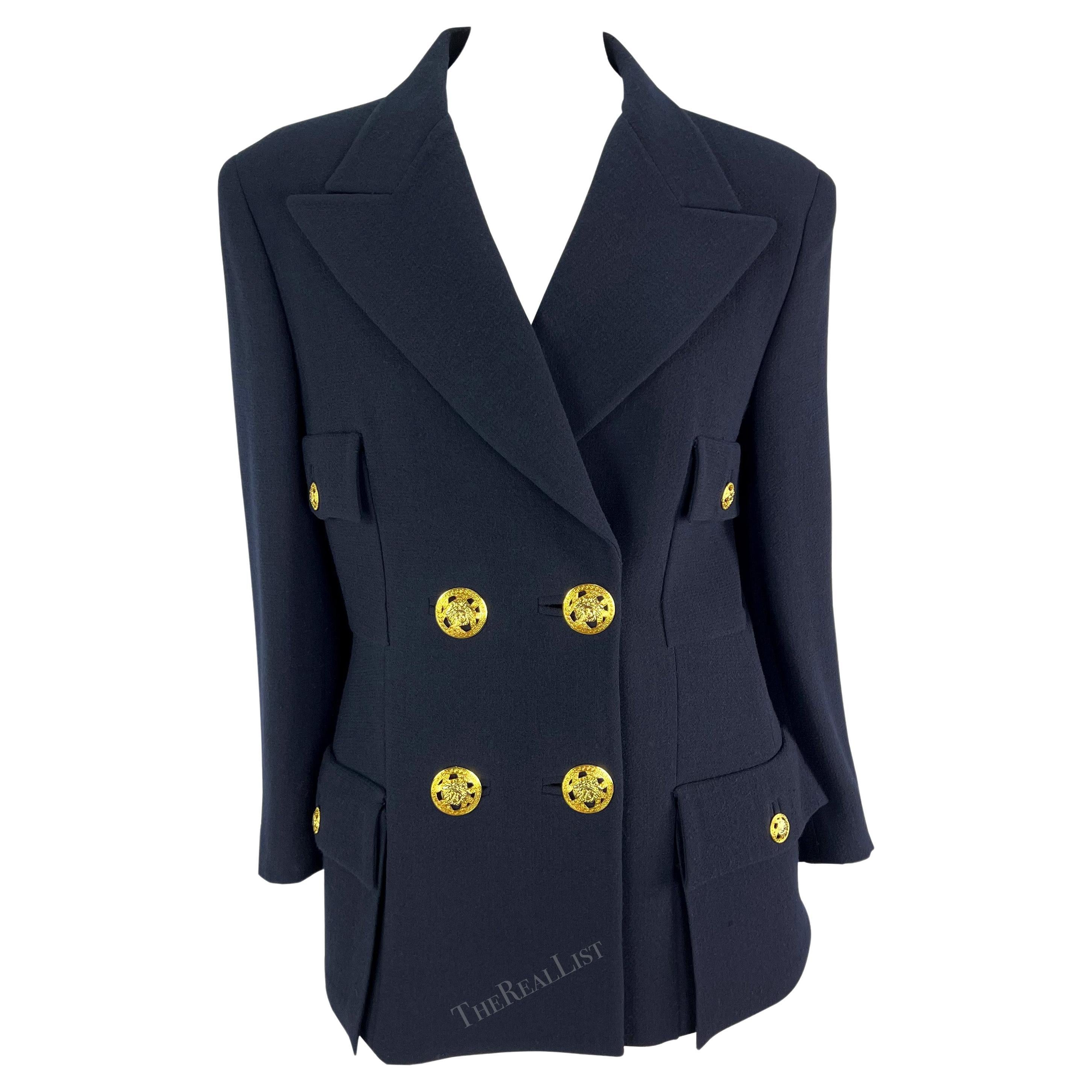 S/S 1995 Gianni Versace Runway Ad Navy Double Breasted Medusa Blazer For Sale