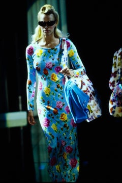 S/S 1995 Gianni Versace Runway Baby Blue Floral Ribbed Bodycon Dress