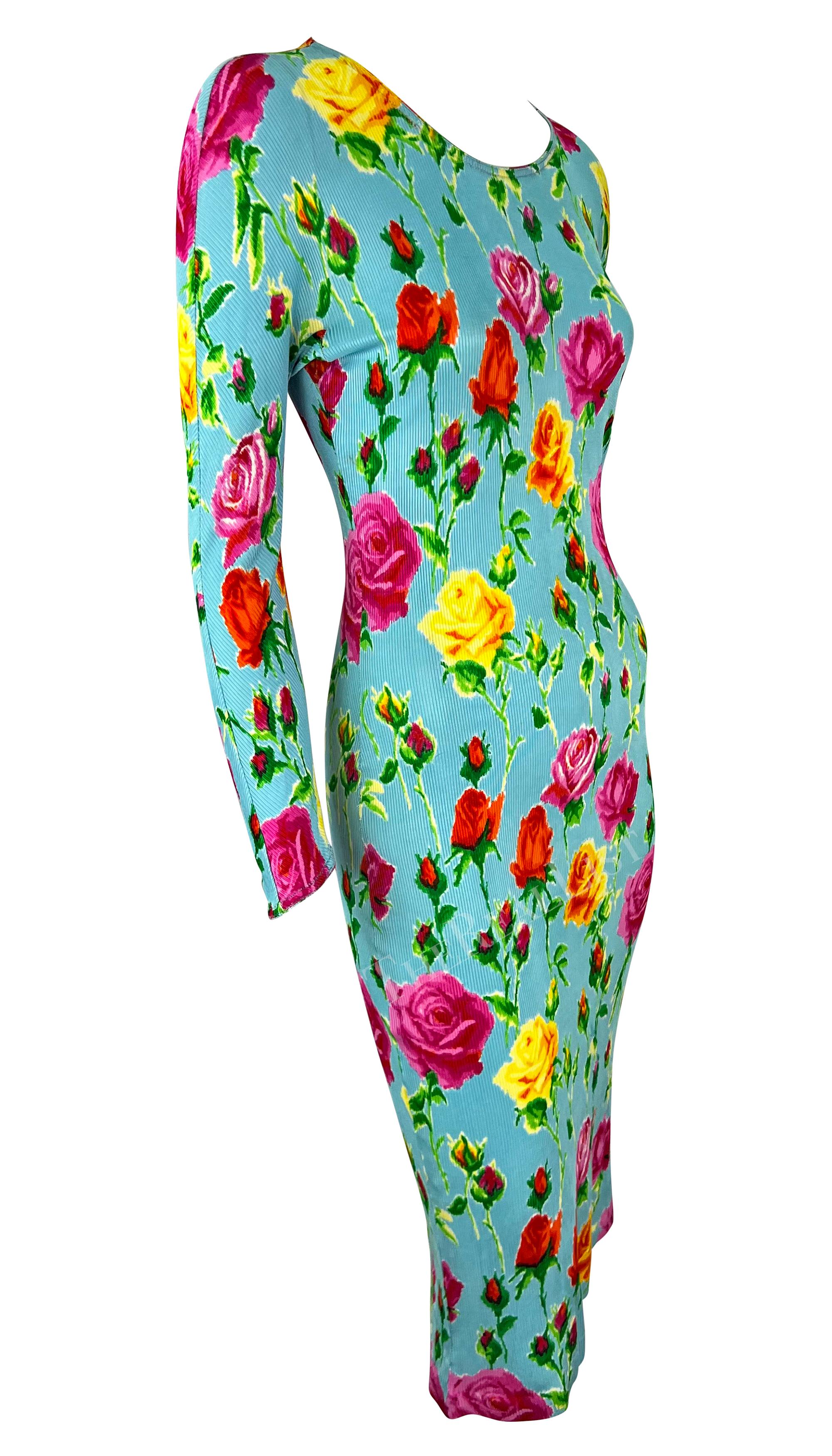 S/S 1995 Gianni Versace Runway Baby Blue Floral Ribbed Bodycon Dress For Sale 4