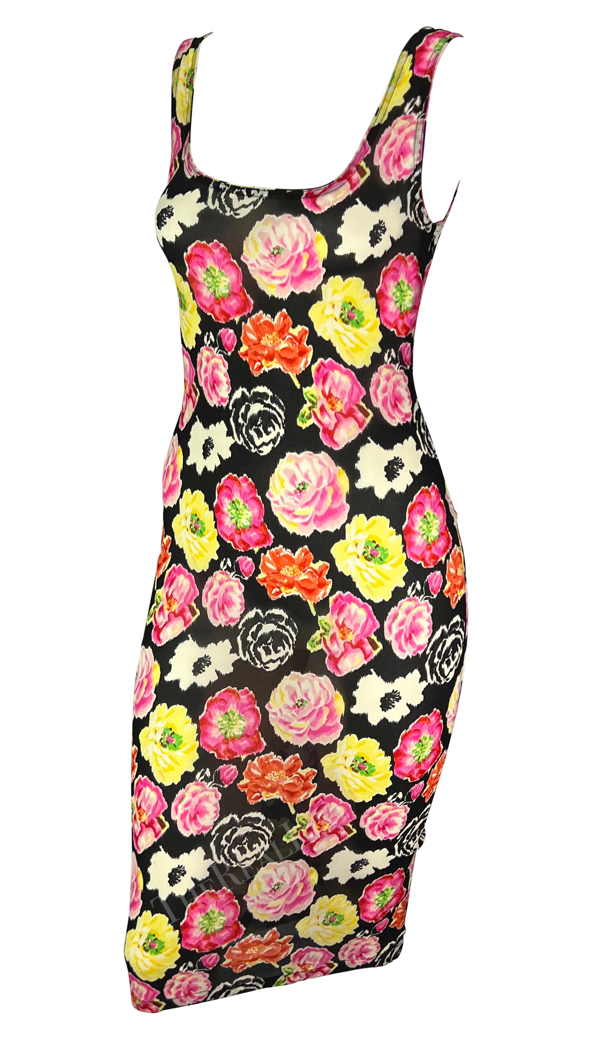 S/S 1995 Gianni Versace Runway Floral Print Semi-Sheer Slip Wiggle Dress In Excellent Condition For Sale In West Hollywood, CA
