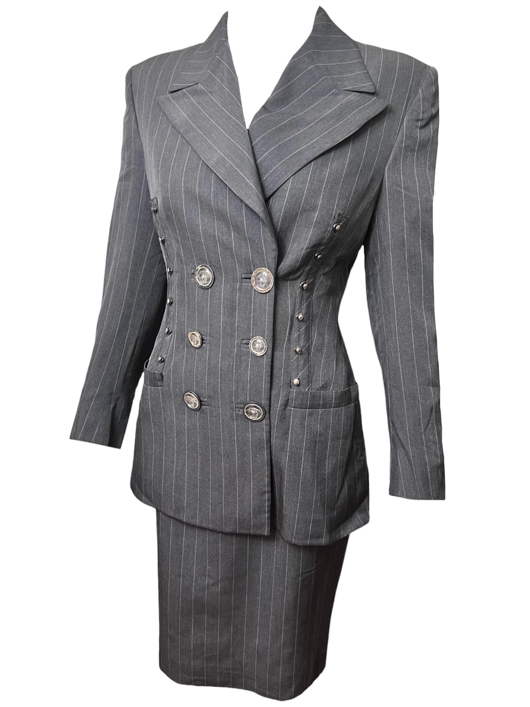 S/S 1995 Gianni Versace Runway Gray Pinstripe Medusa Medallion Skirt Suit For Sale 1