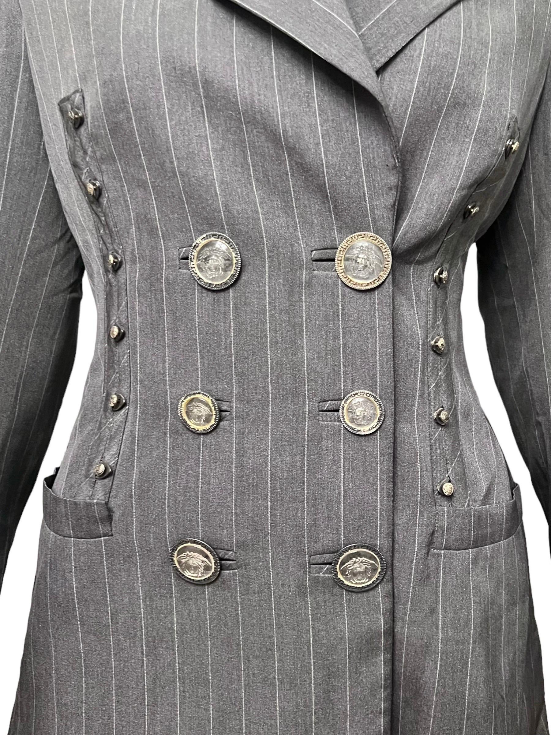S/S 1995 Gianni Versace Runway Gray Pinstripe Medusa Medallion Skirt Suit For Sale 4