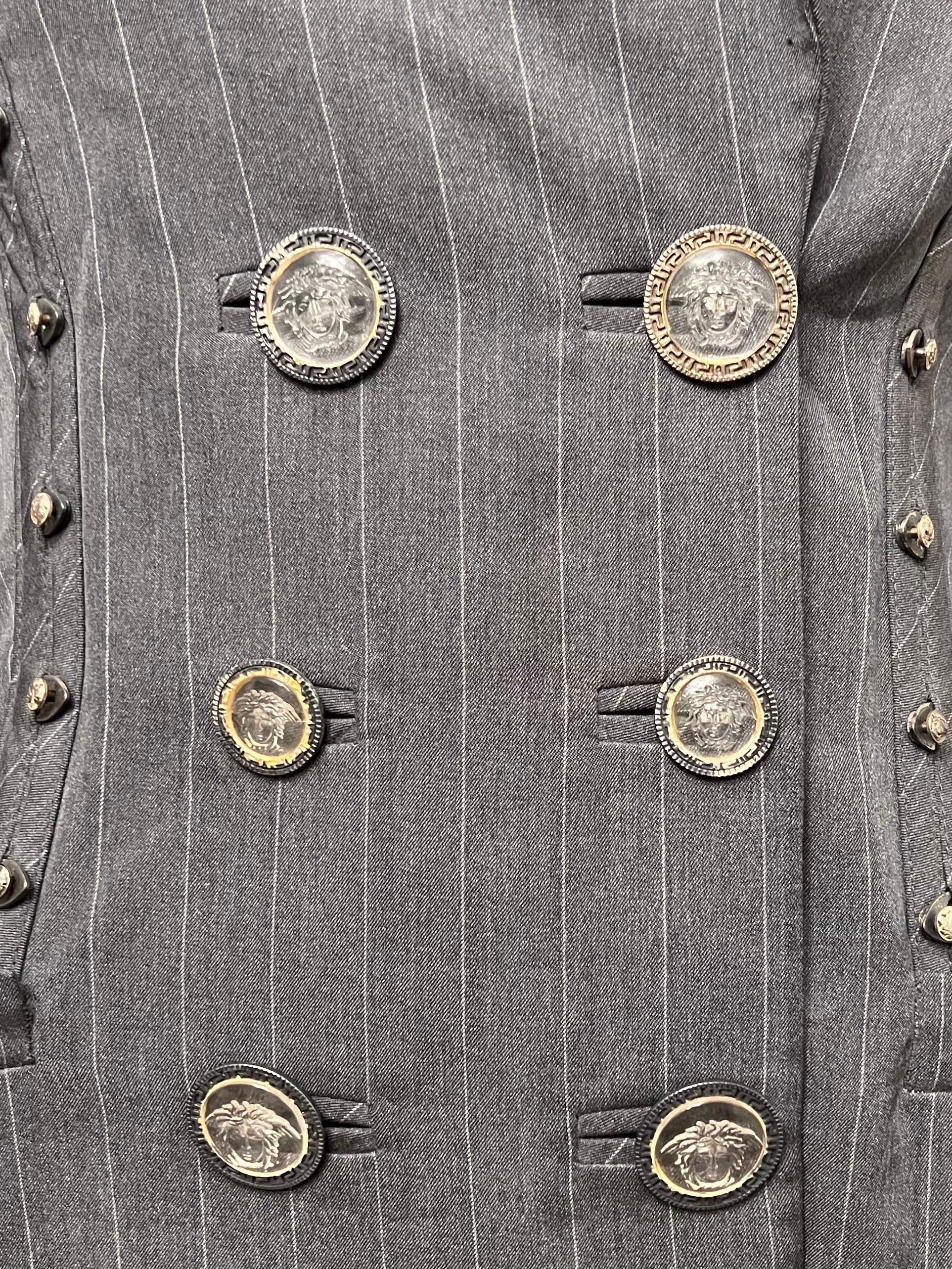 S/S 1995 Gianni Versace Runway Gray Pinstripe Medusa Medallion Skirt Suit For Sale 5