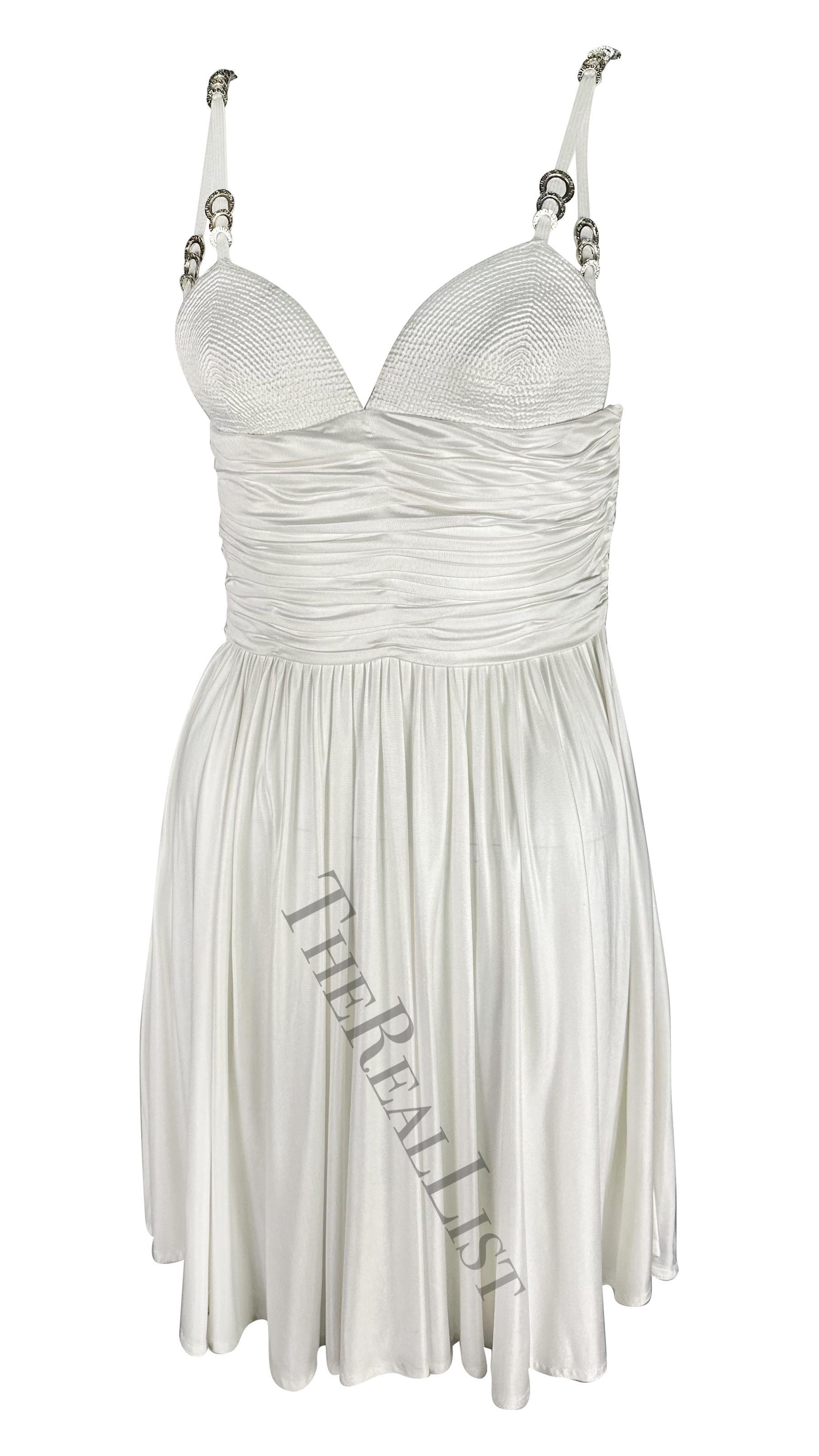 S/S 1995 Gianni Versace Runway Greek Ring Ruched Flare White Mini Dress For Sale 6
