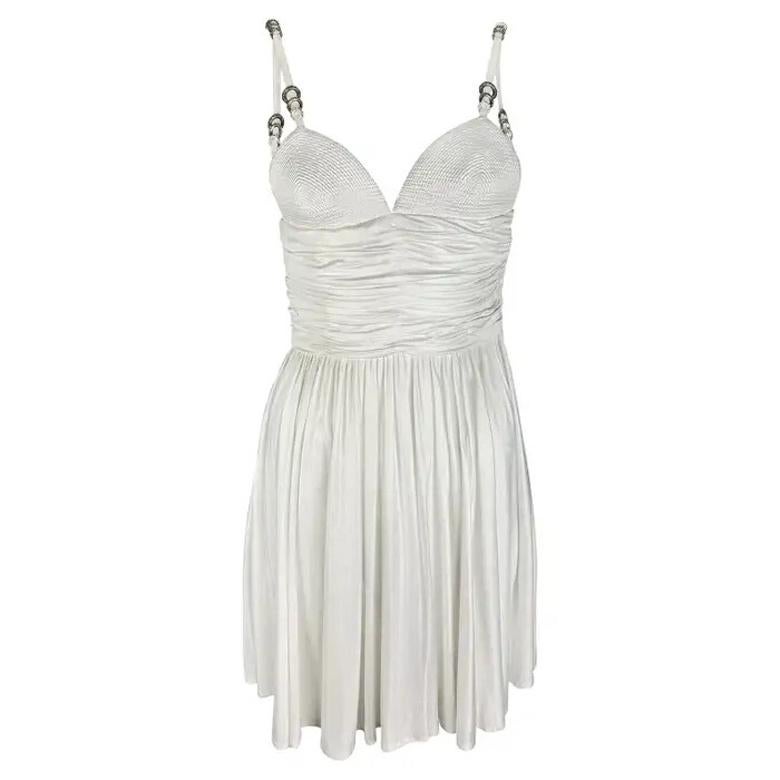 S/S 1995 Gianni Versace Runway Greek Ring Ruched Flare White Mini Dress en vente