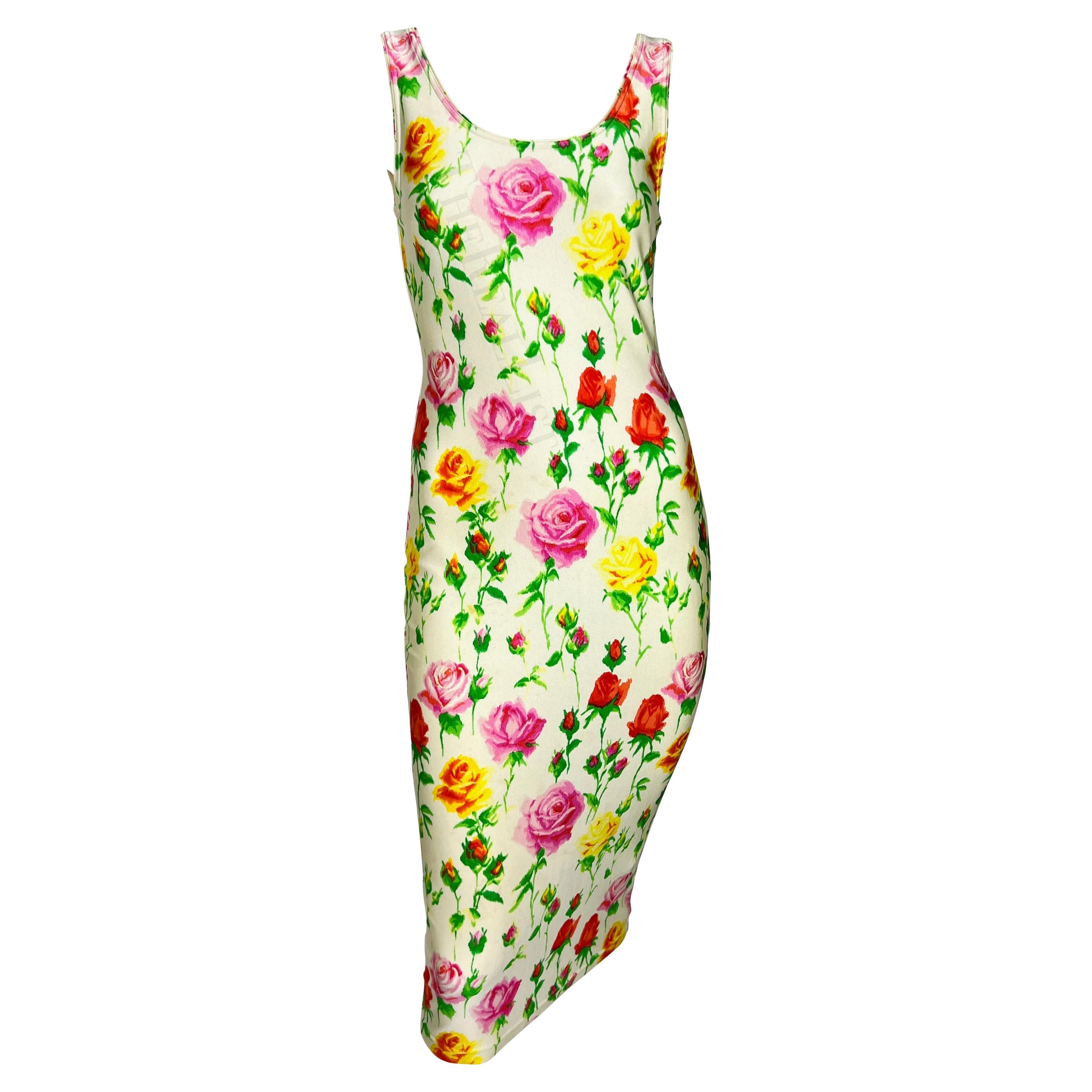 S/S 1995 Gianni Versace Runway White Floral Rose Bodycon Dress For Sale