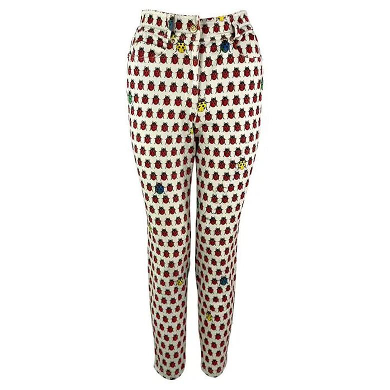 F/S 1995 Gianni Versace Weiße Jeanshose mit Lady Bug Print aus Denim