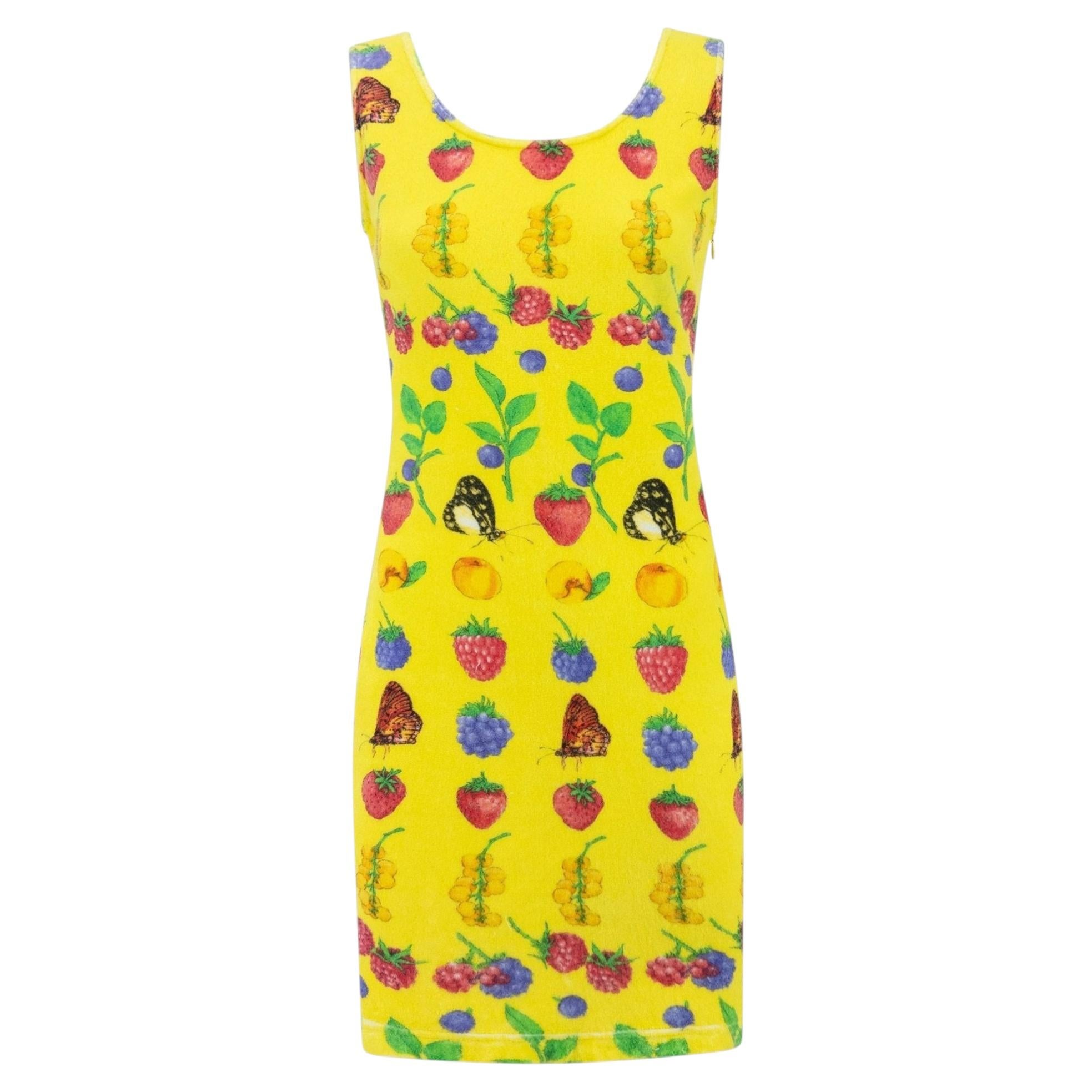 S/S 1995 Gianni Versace Yellow Stretch Terrycloth Garden Berry Print Dress