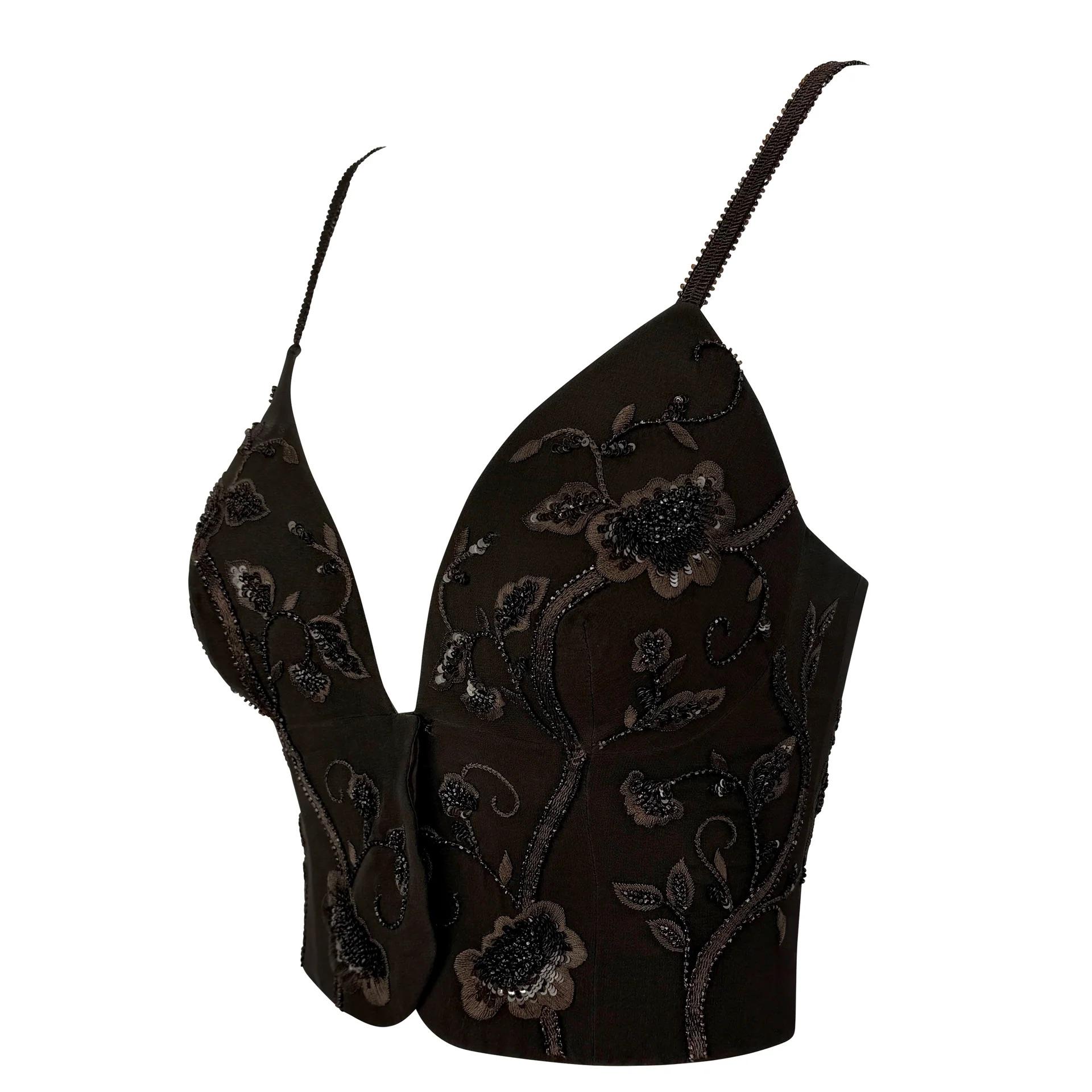 S/S 1995 Giorgio Armani Top bustier in seta marrone con perline floreali In condizioni ottime in vendita a West Hollywood, CA