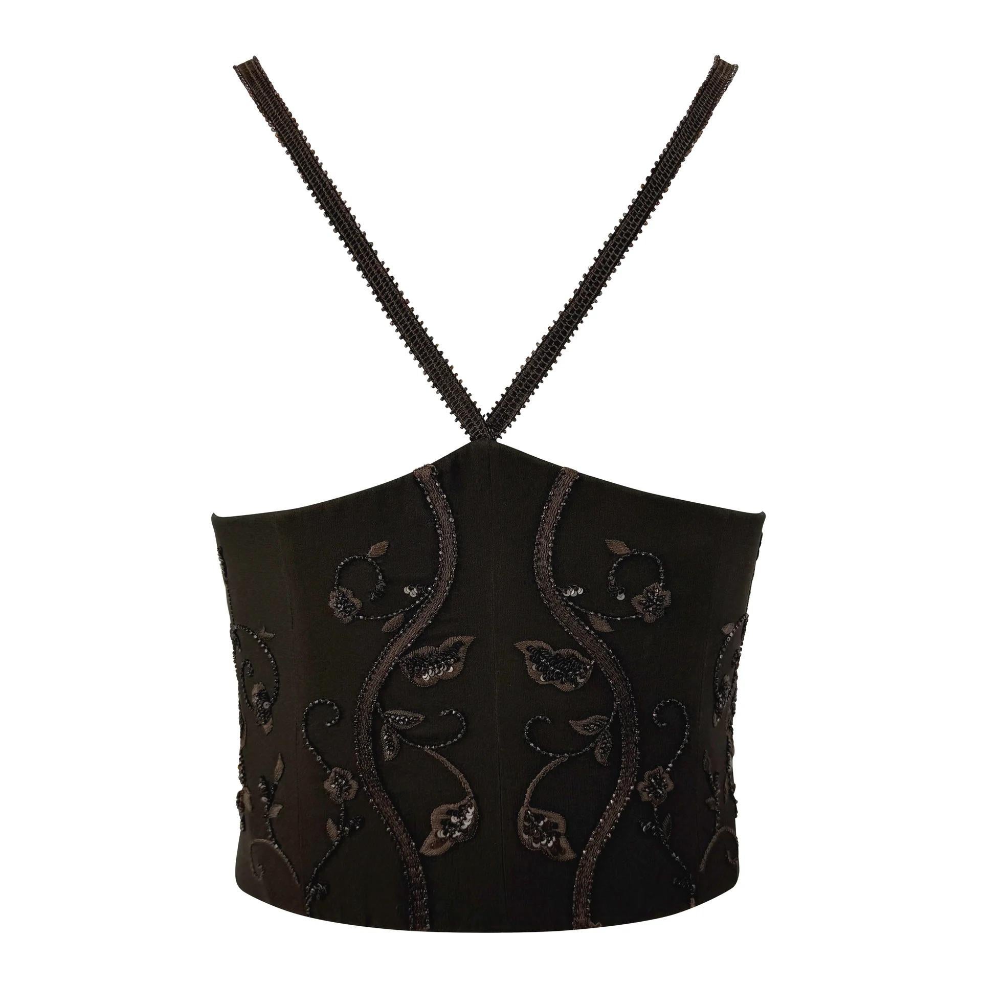 S/S 1995 Giorgio Armani Top bustier in seta marrone con perline floreali in vendita 2