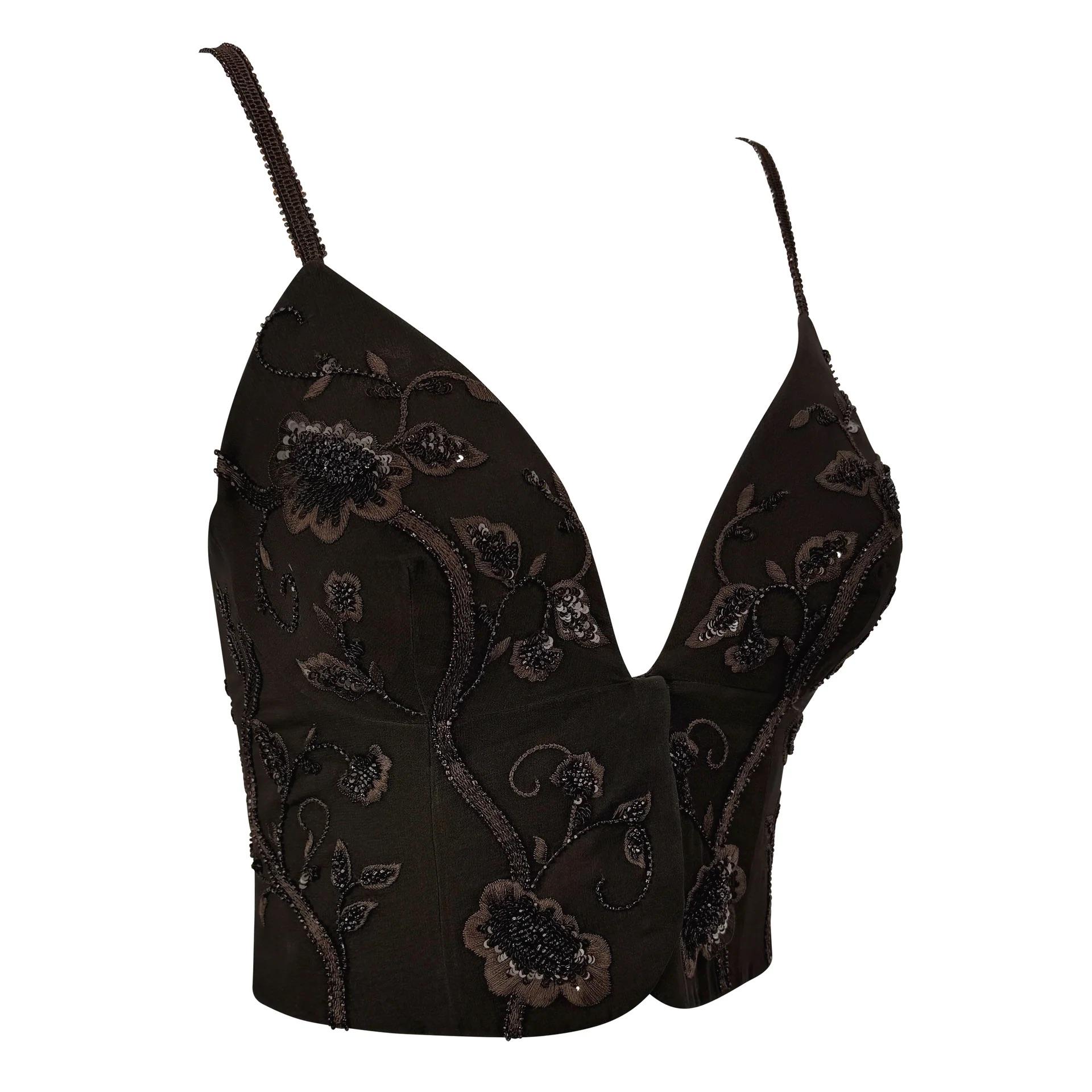 S/S 1995 Giorgio Armani Top bustier in seta marrone con perline floreali in vendita 3