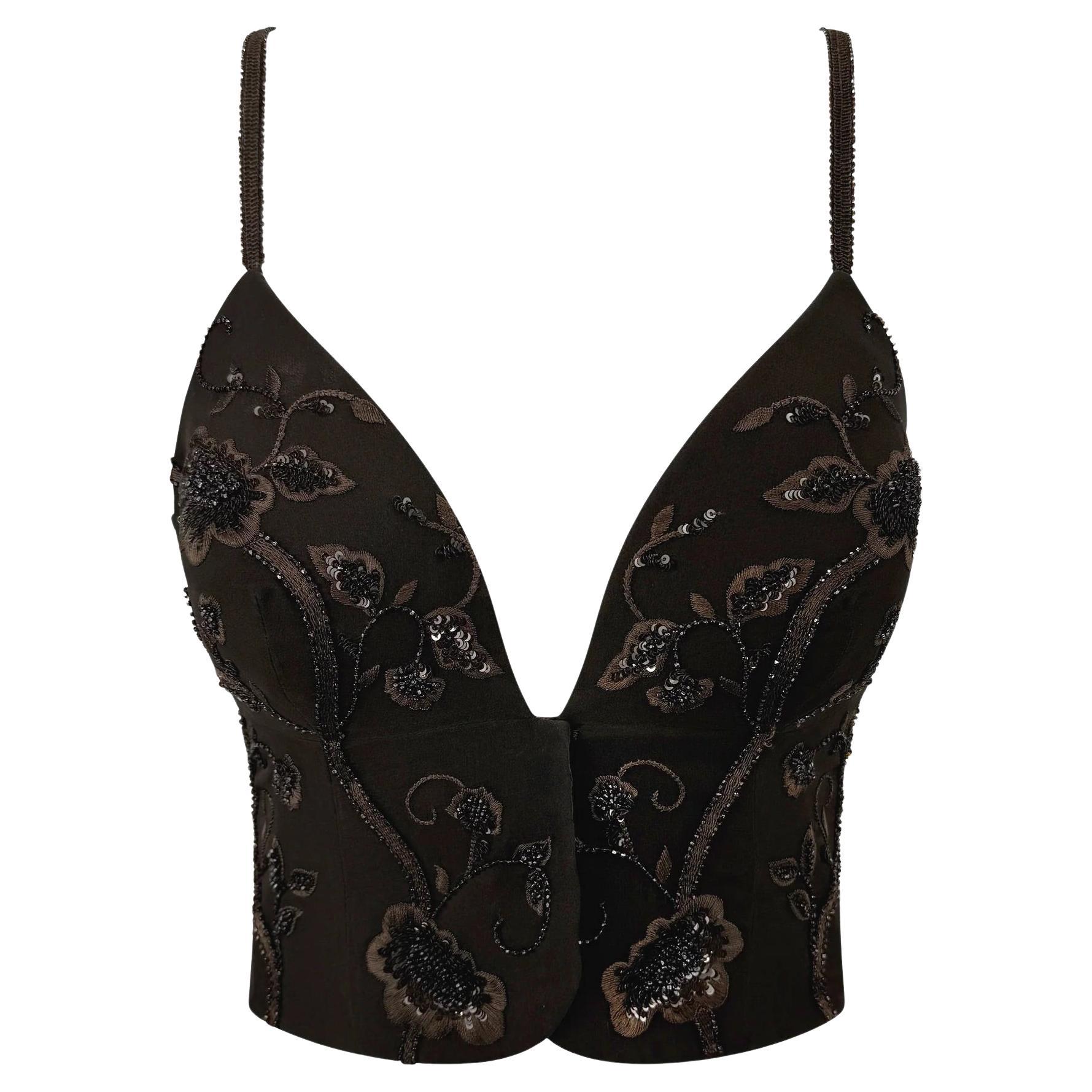 S/S 1995 Giorgio Armani Top bustier in seta marrone con perline floreali