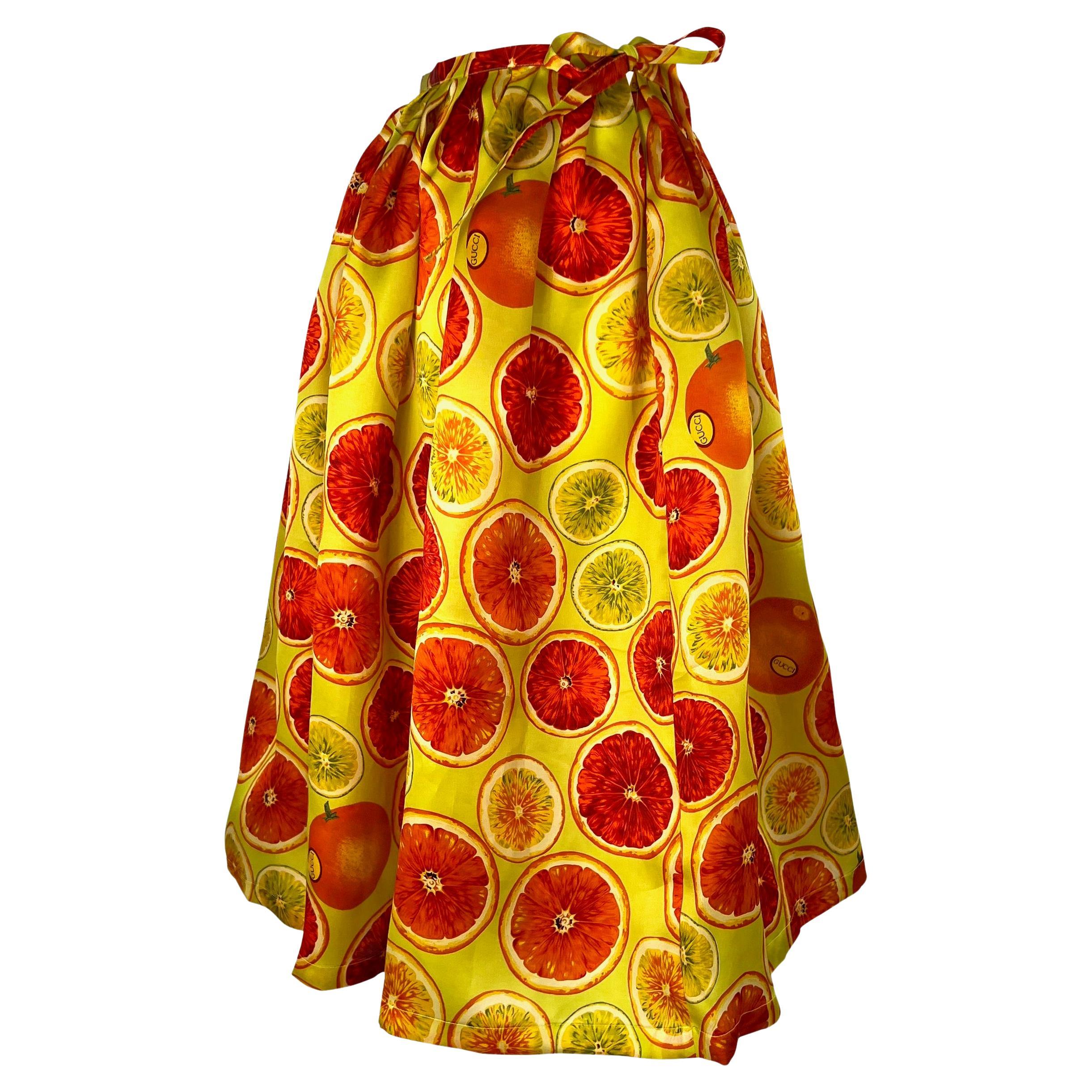 Brown S/S 1995 Gucci by Tom Ford 1st Runway Citrus Fruit Print Silk Balloon Tie Skirt For Sale