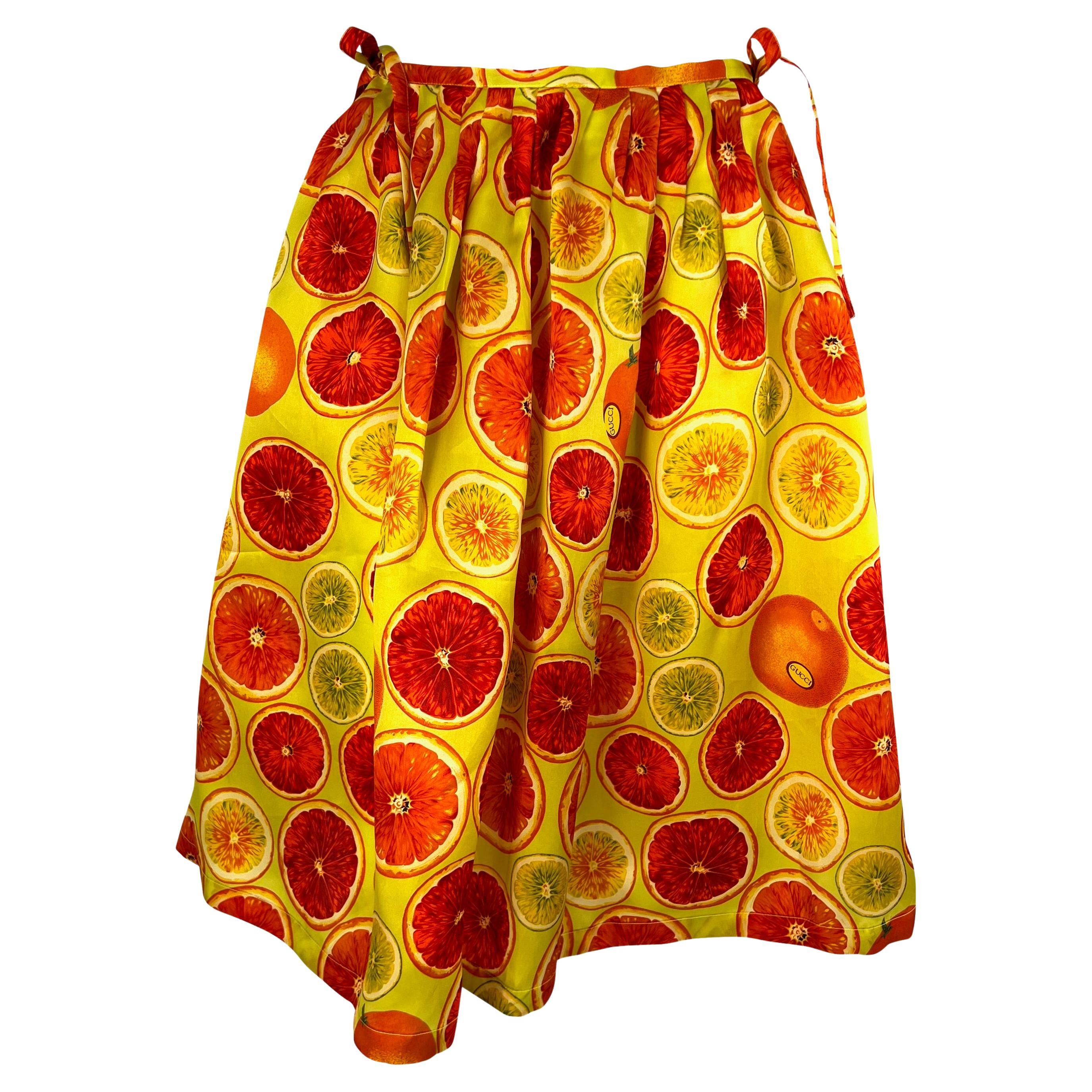 S/S 1995 Gucci by Tom Ford 1st Runway Citrus Fruit Print Silk Balloon Tie Skirt For Sale
