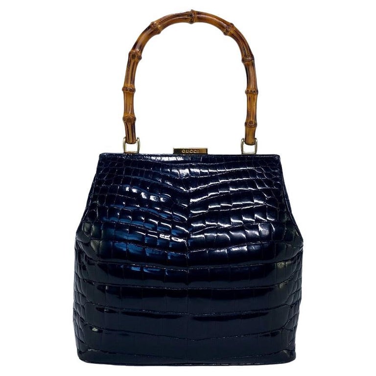 S/S 1995 Gucci by Tom Ford Debut Black Crocodile Bamboo Top Handle Frame Bag  For Sale at 1stDibs