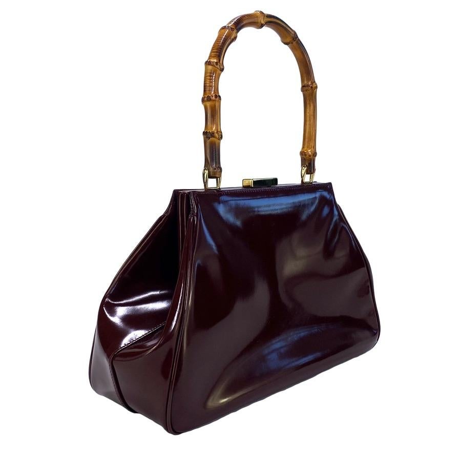 Women's S/S 1995 Gucci by Tom Ford Debut Patent Leather Burgundy Bamboo Frame Bag