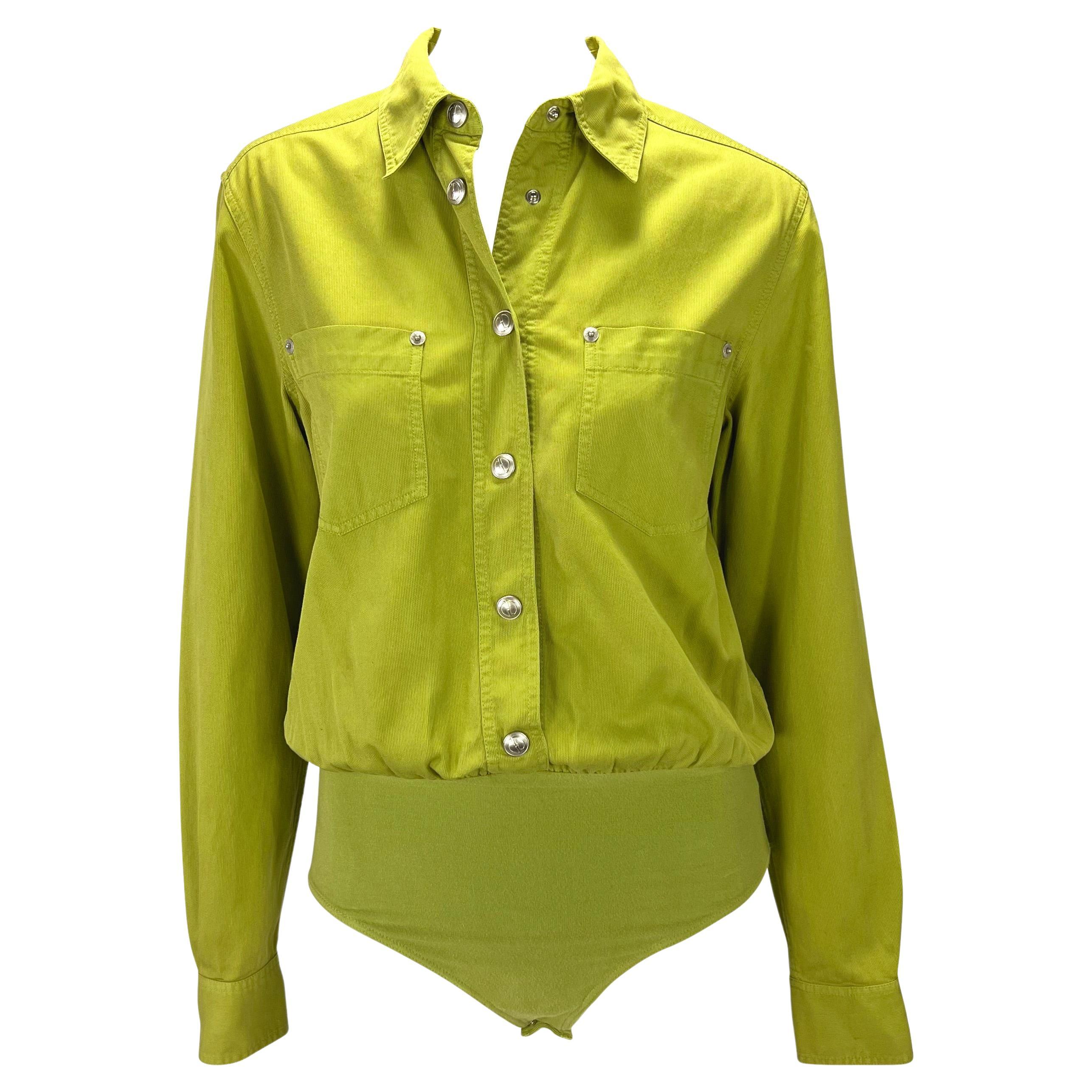 S/S 1995 Gucci by Tom Ford GG Snap Avocado Green Cotton Twill Leotard Top  For Sale at 1stDibs