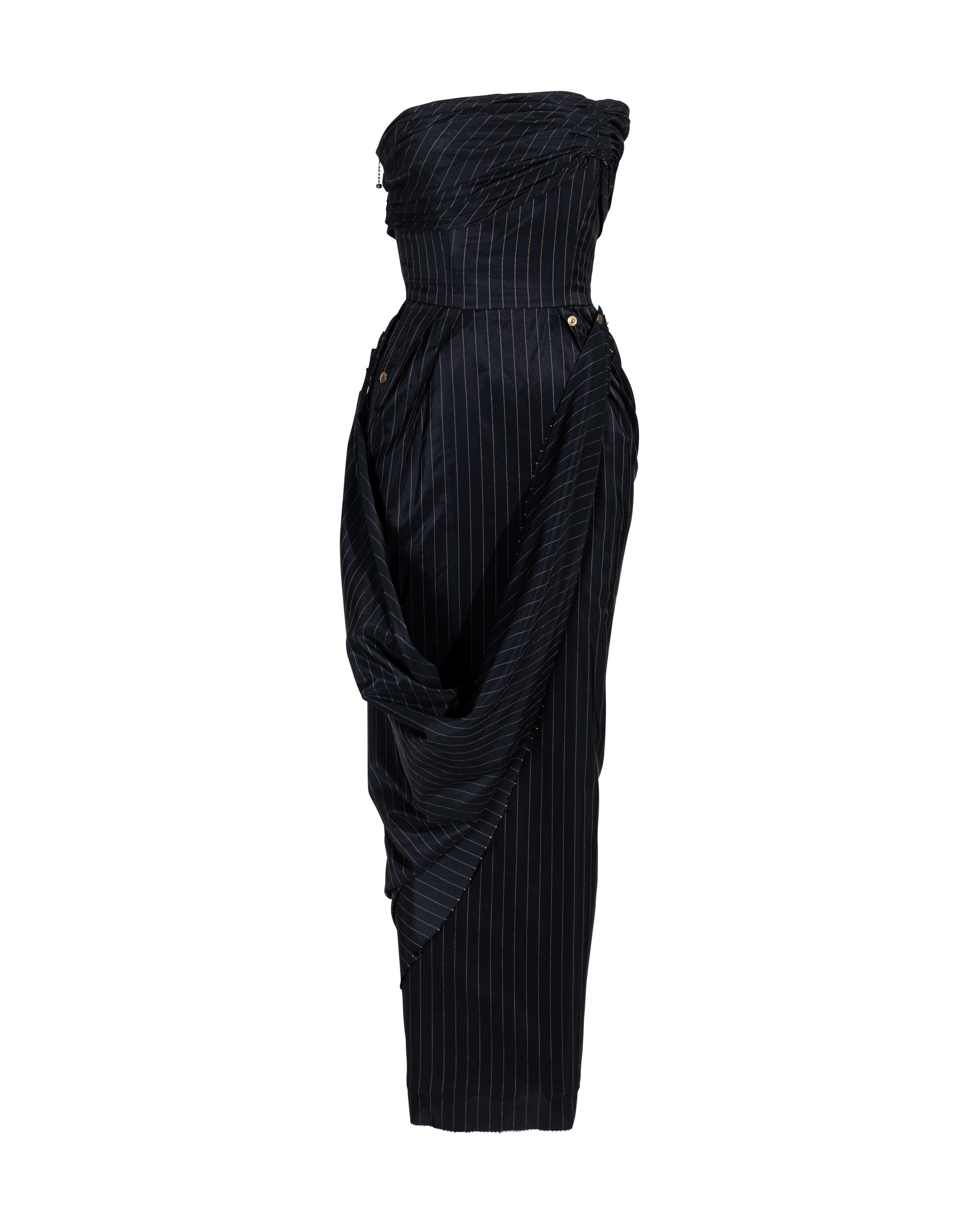 S/S 1995 Jean Paul Gaultier Pinstripe Strapless Bustle Gown 4