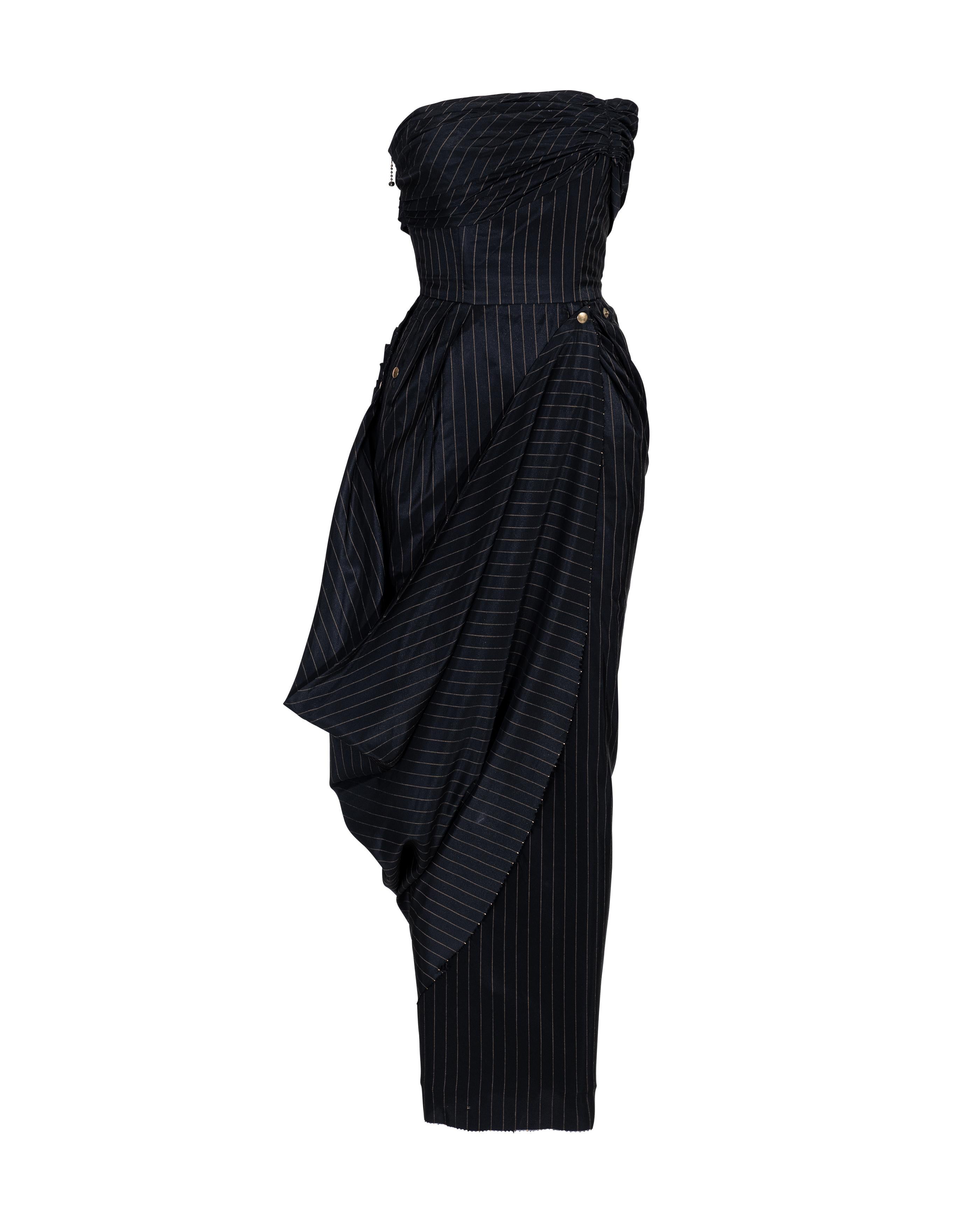 S/S 1995 Jean Paul Gaultier Pinstripe Strapless Bustle Gown 5