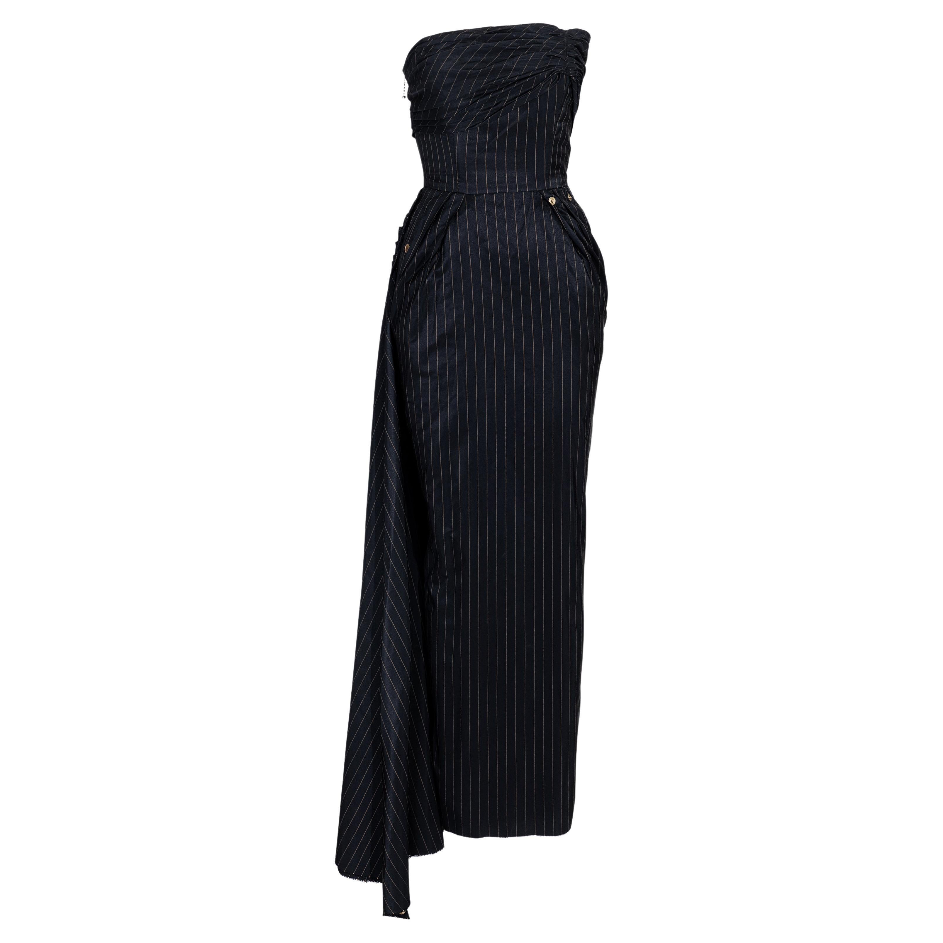 S/S 1995 Jean Paul Gaultier Pinstripe Strapless Bustle Gown