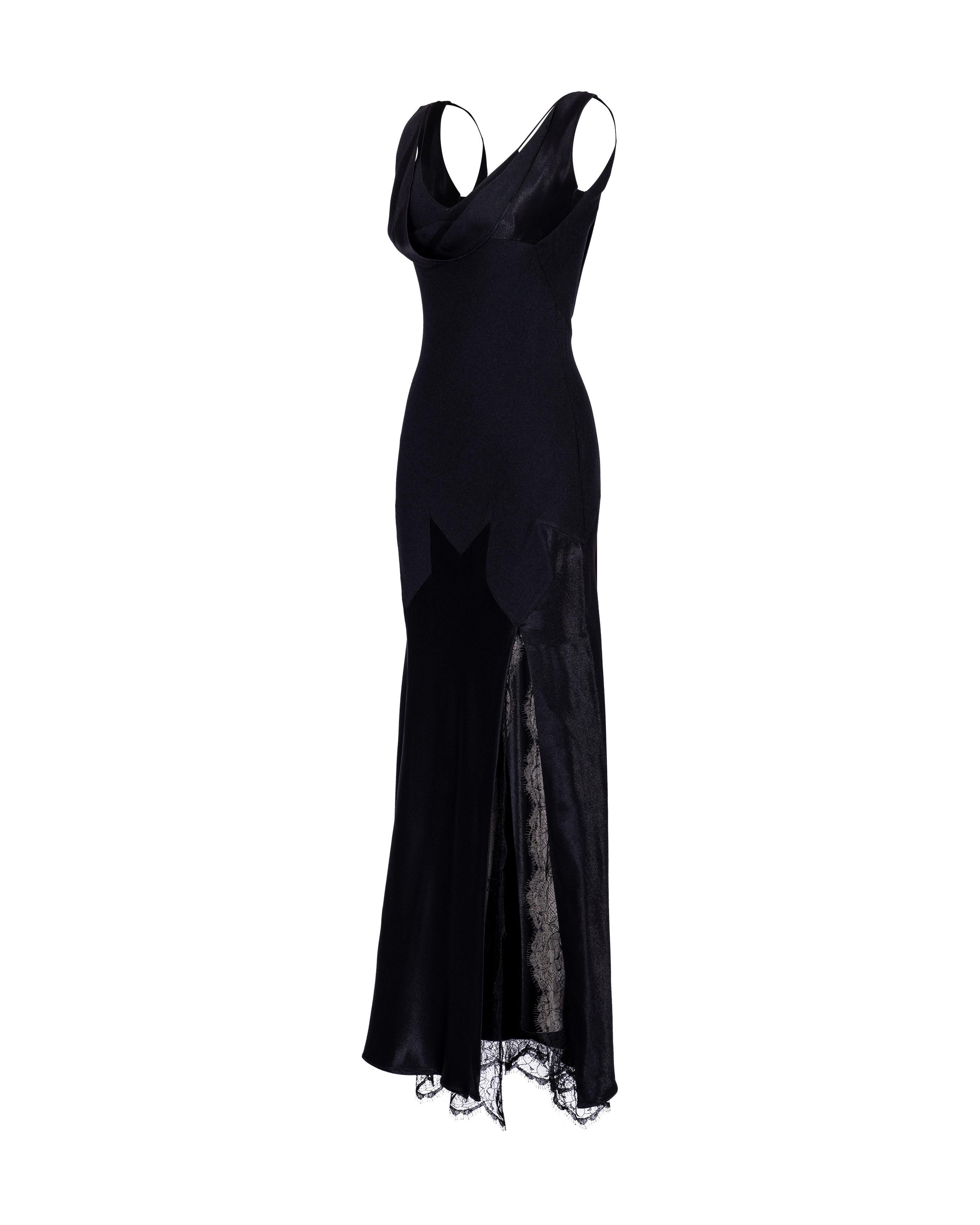 S/S 1995 John Galliano Black Bias Cut Gown with Lace Front Slit In Excellent Condition In North Hollywood, CA