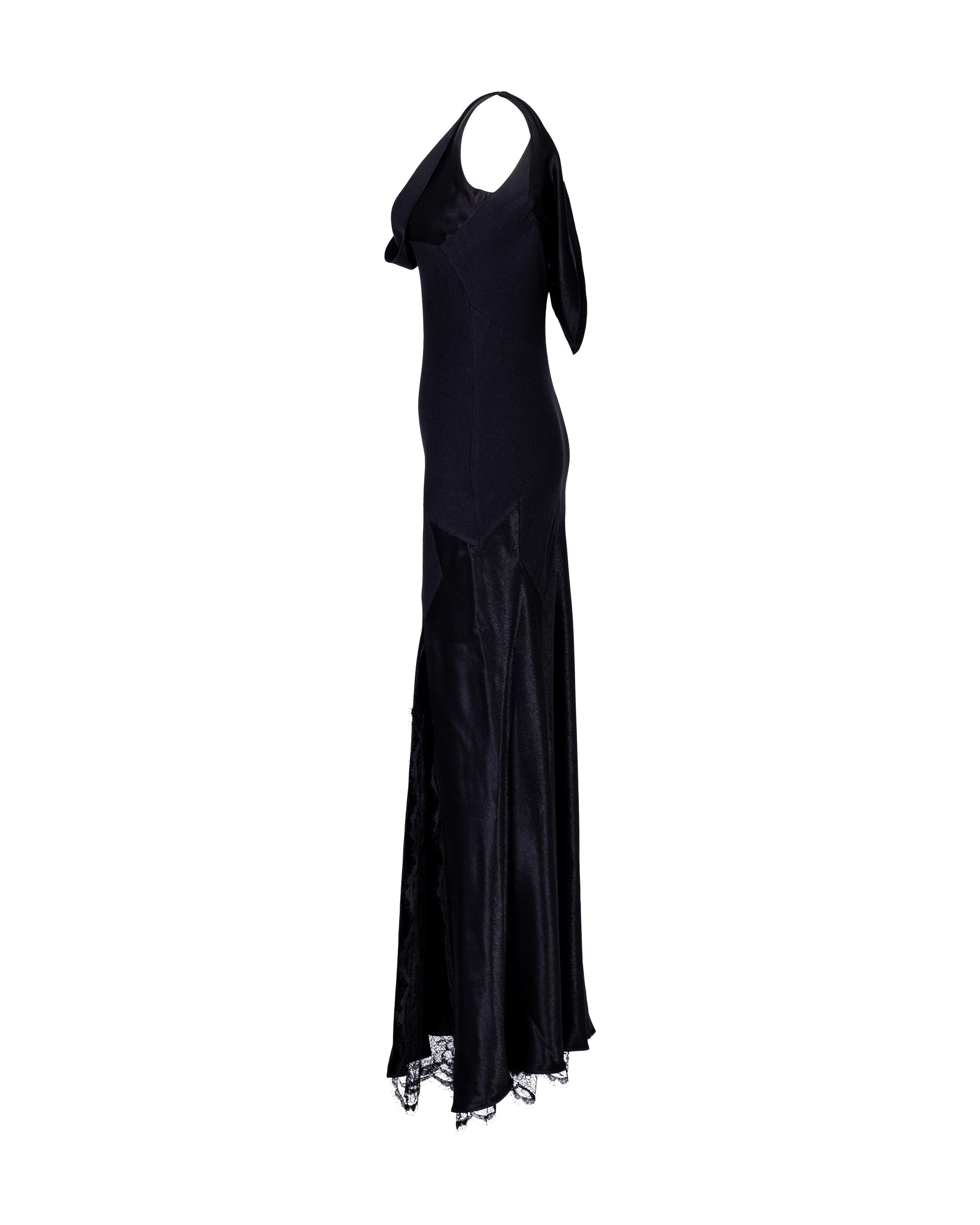 Women's S/S 1995 John Galliano Black Bias Cut Gown with Lace Front Slit