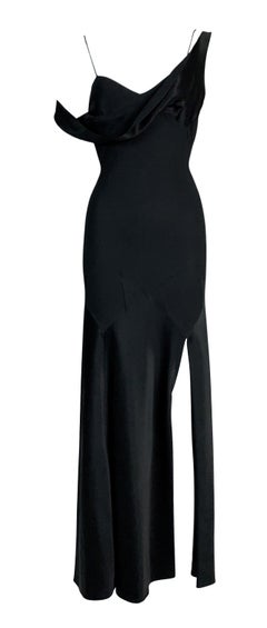 S/S 1995 John Galliano Black Satin Off Shoulder High Slit Star Gown Dress 38
