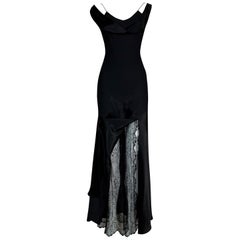 S/S 1995 John Galliano Black Satin Star High Slit Lace Gown Dress