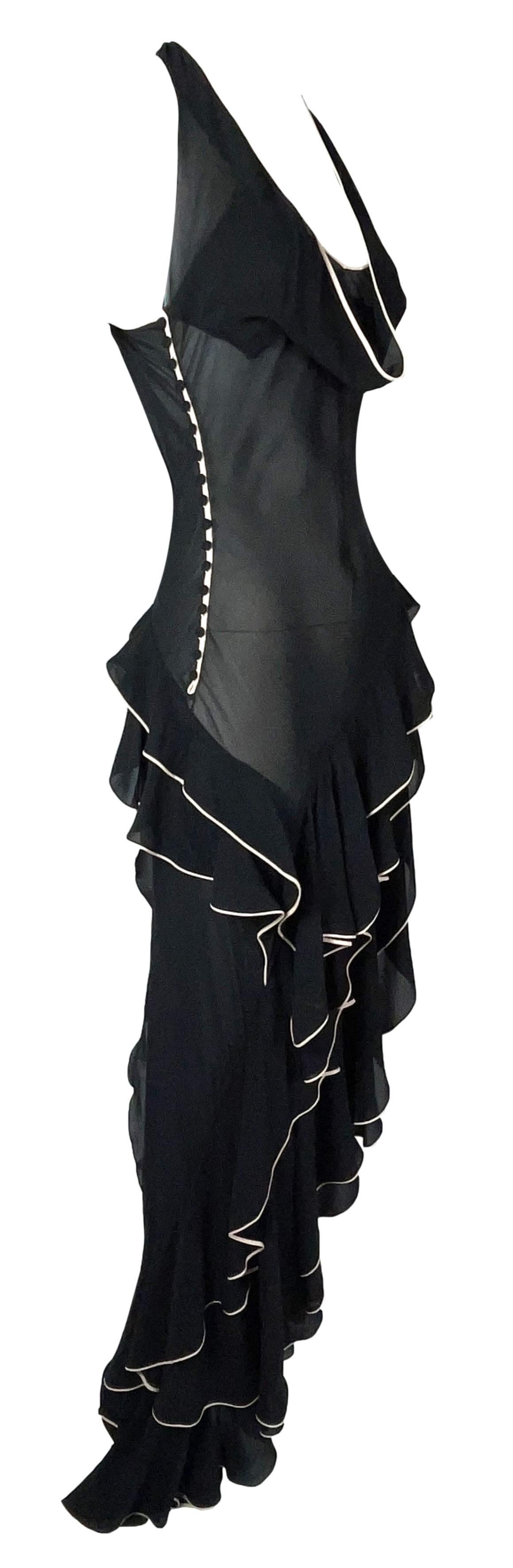 Women's S/S 1995 John Galliano Runway Sheer Black Spanish Flamenco Ruffle Maxi Dress