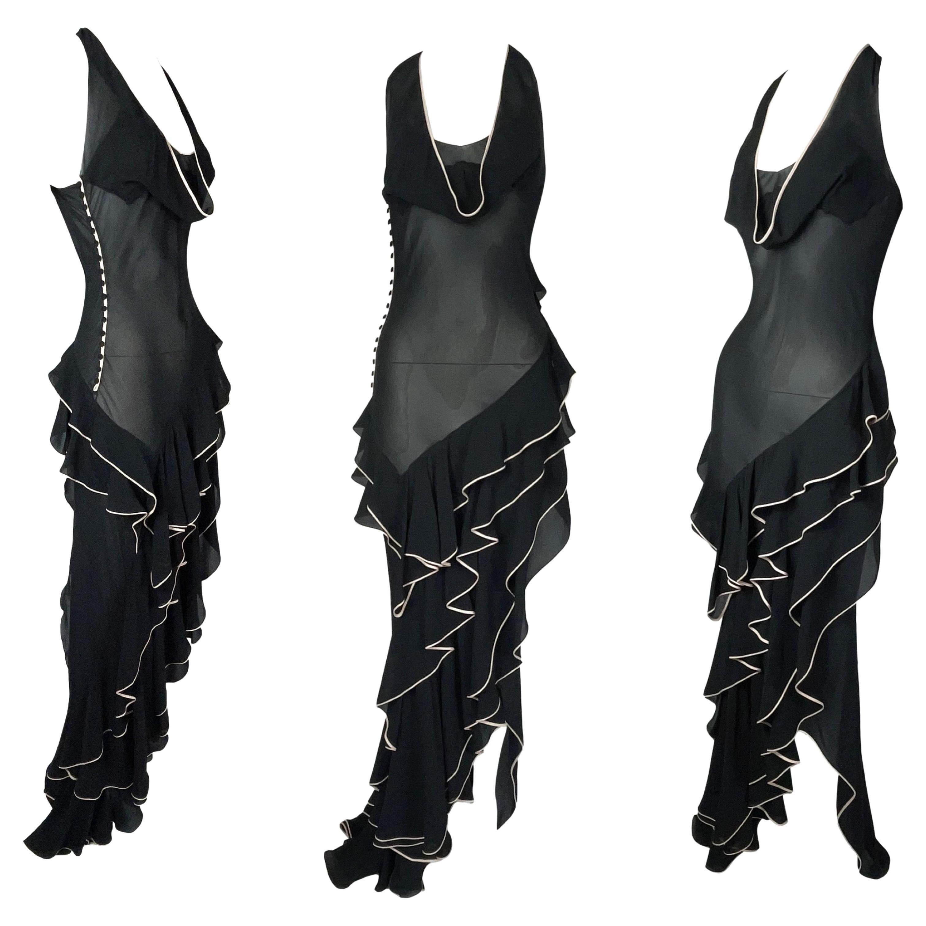 S/S 1995 John Galliano Runway Sheer Black Spanish Flamenco Ruffle Maxi Dress