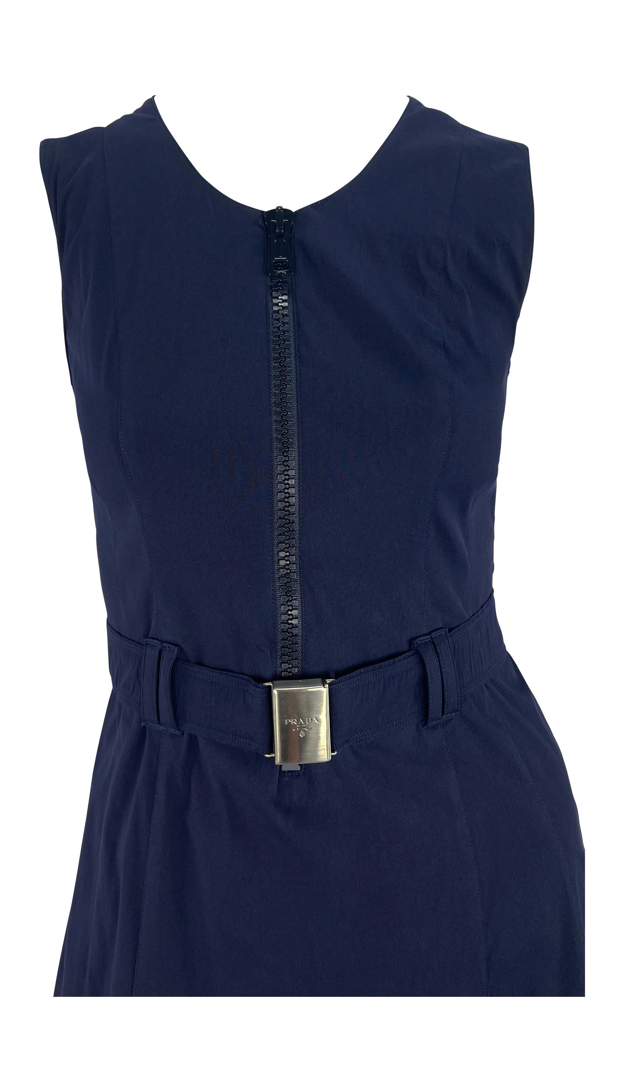 Black S/S 1995 Prada Navy Nylon Logo Belted Flare Zip Sleeveless Dress