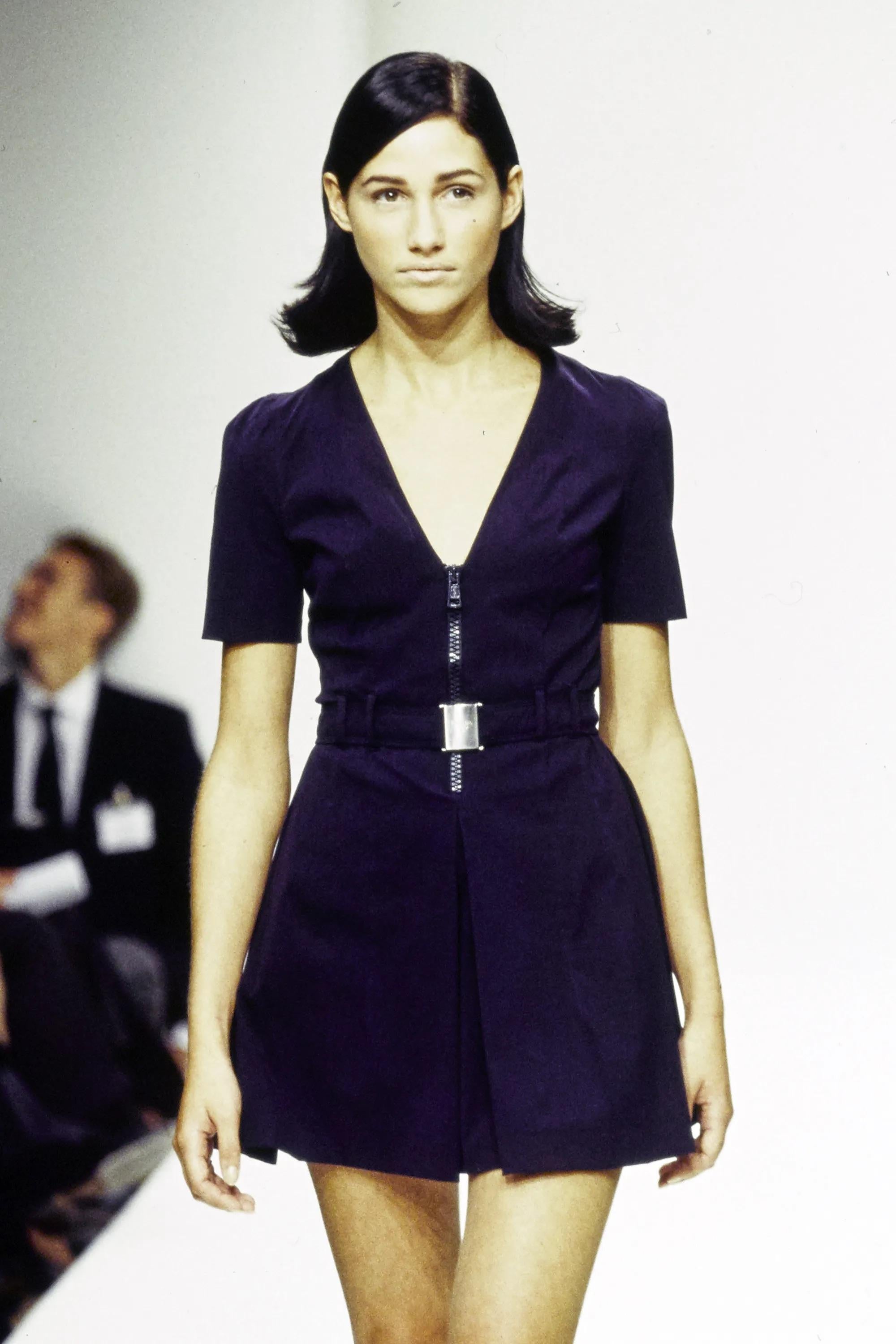 S/S 1995 Prada Navy Nylon Logo Belted Flare Zip Sleeveless Dress In Excellent Condition In West Hollywood, CA