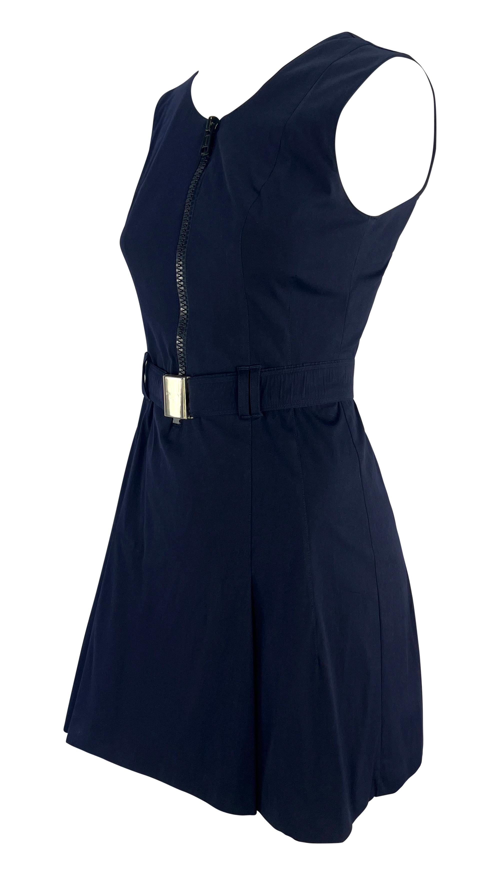 Women's S/S 1995 Prada Navy Nylon Logo Belted Flare Zip Sleeveless Dress