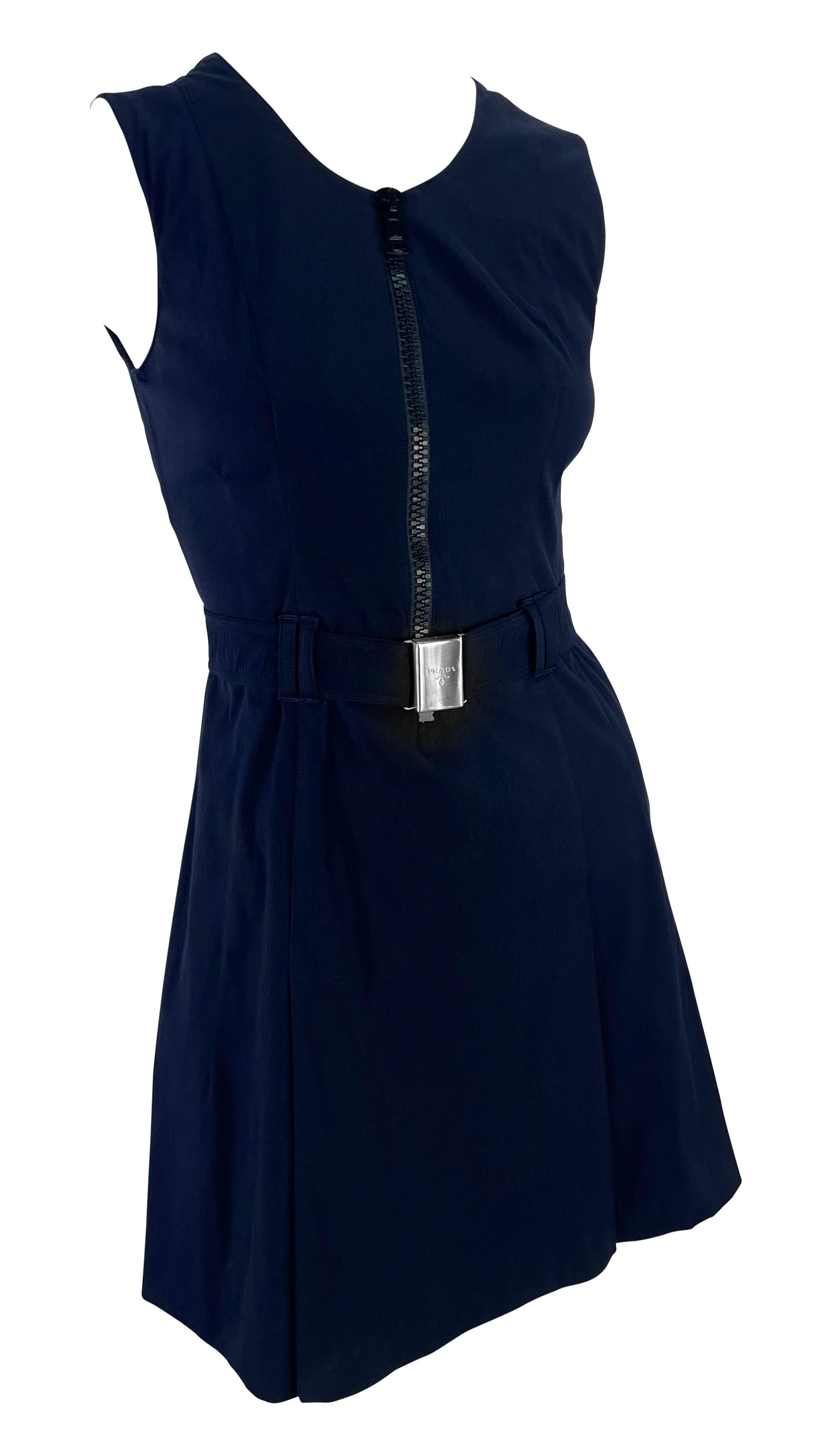 S/S 1995 Prada Navy Nylon Logo Belted Flare Zip Sleeveless Dress 4