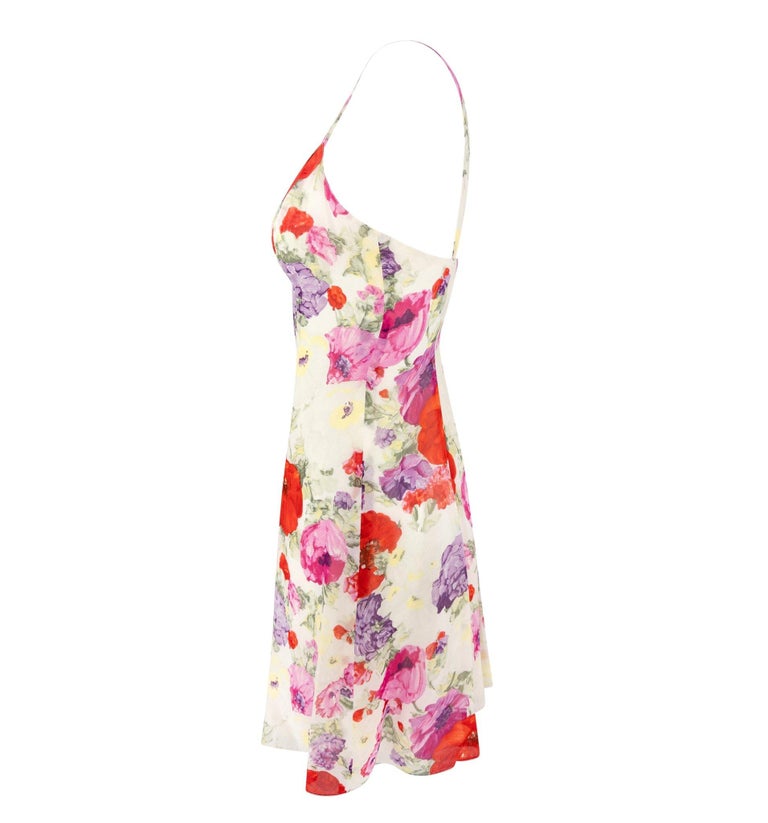 ralph lauren printed silk mini dress S/S 1995 Ralph Lauren Runway Off-White Floral Crepe Silk Flare Mini Dress US 8