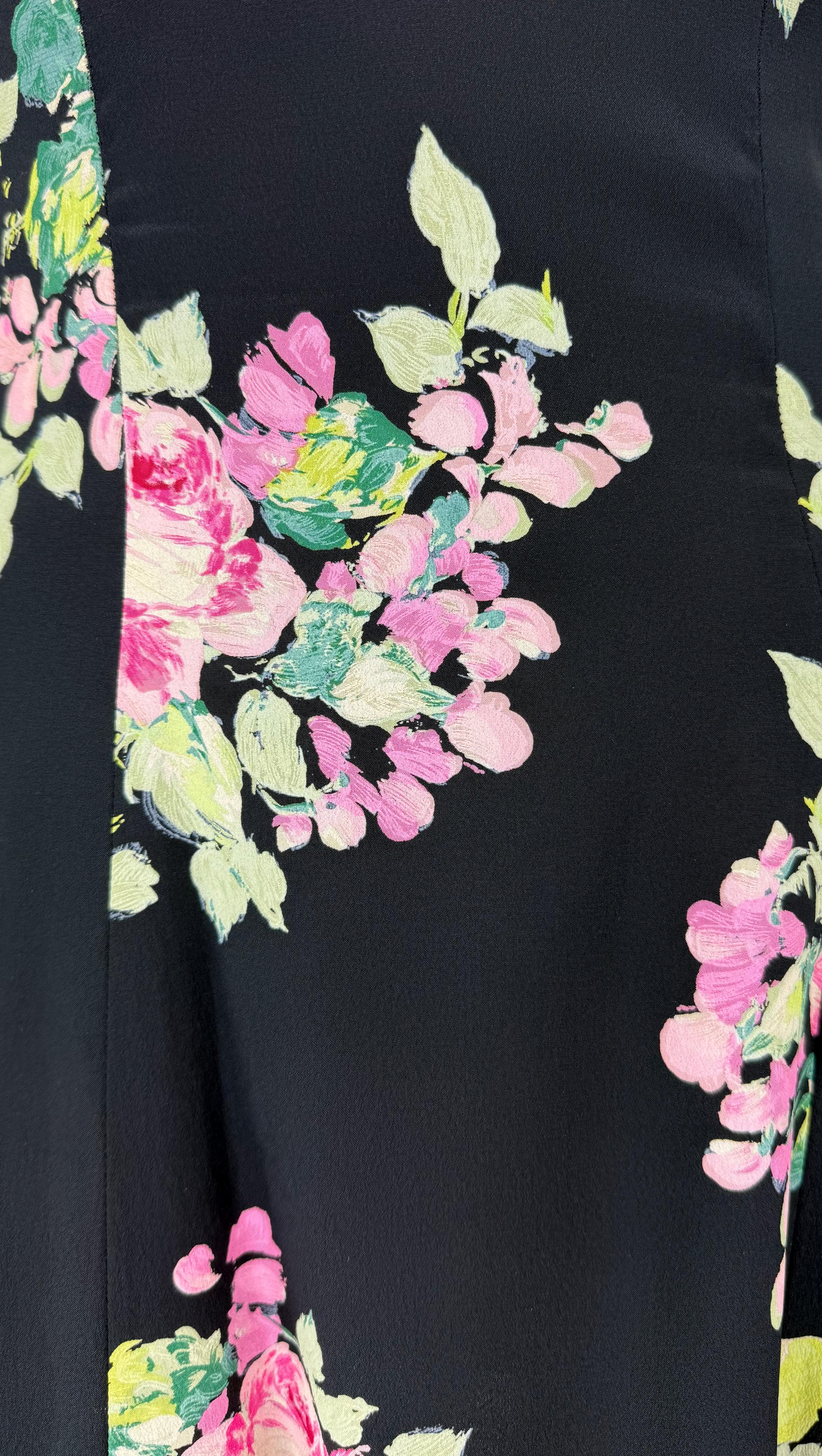 Noir Robe évasée Kate Moss Runway en soie noire à fleurs roses Ralph Lauren, P/E 1995 en vente