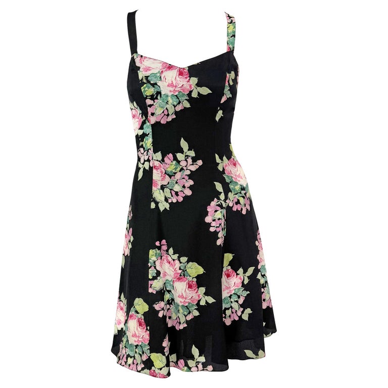 S/S 1995 Ralph Lauren Kate Moss Runway Black Silk Pink Floral Flared Dress  For Sale at 1stDibs
