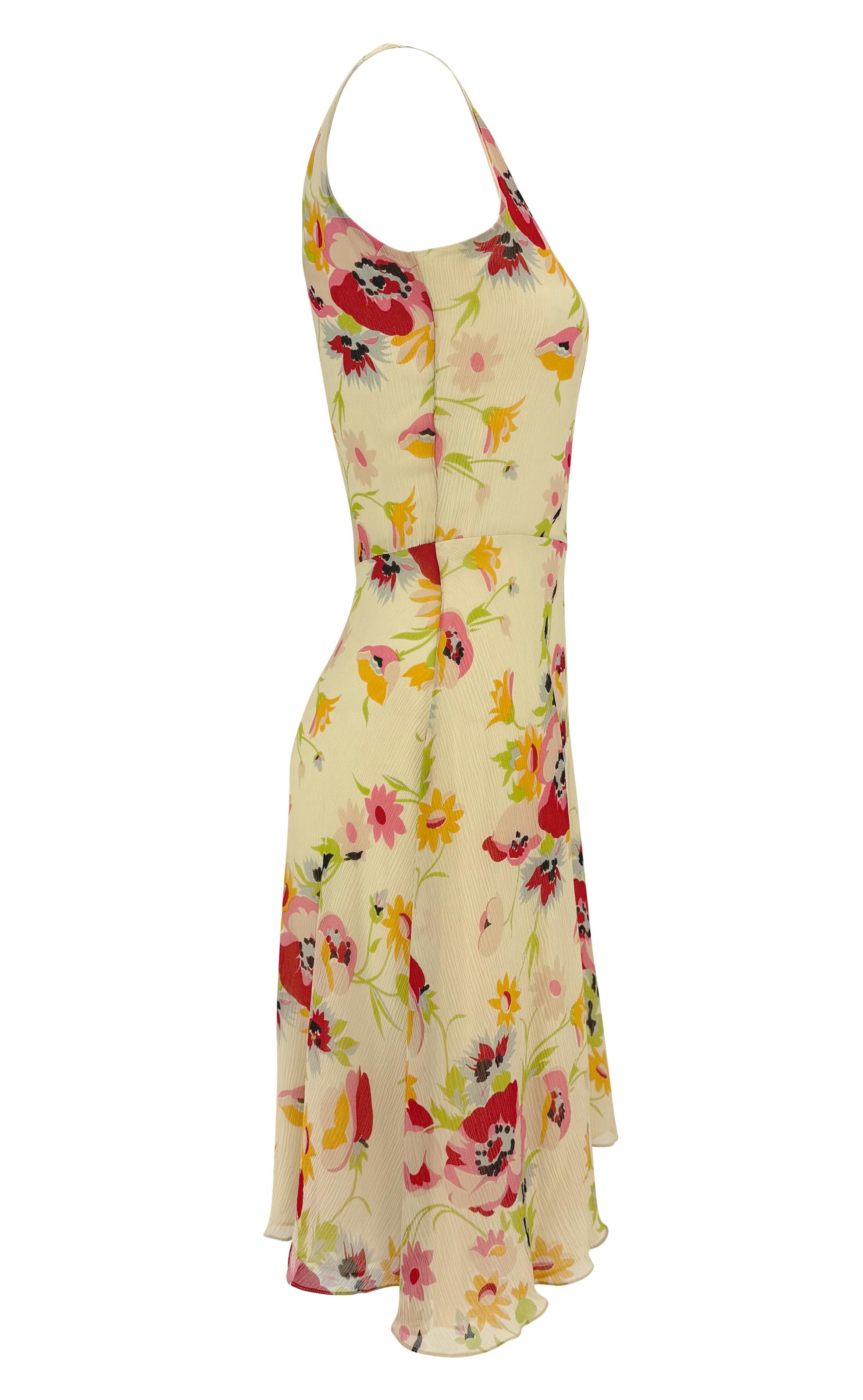 Beige S/S 1995 Ralph Lauren Runway Off-White Floral Crepe Silk Flare Mini Dress For Sale