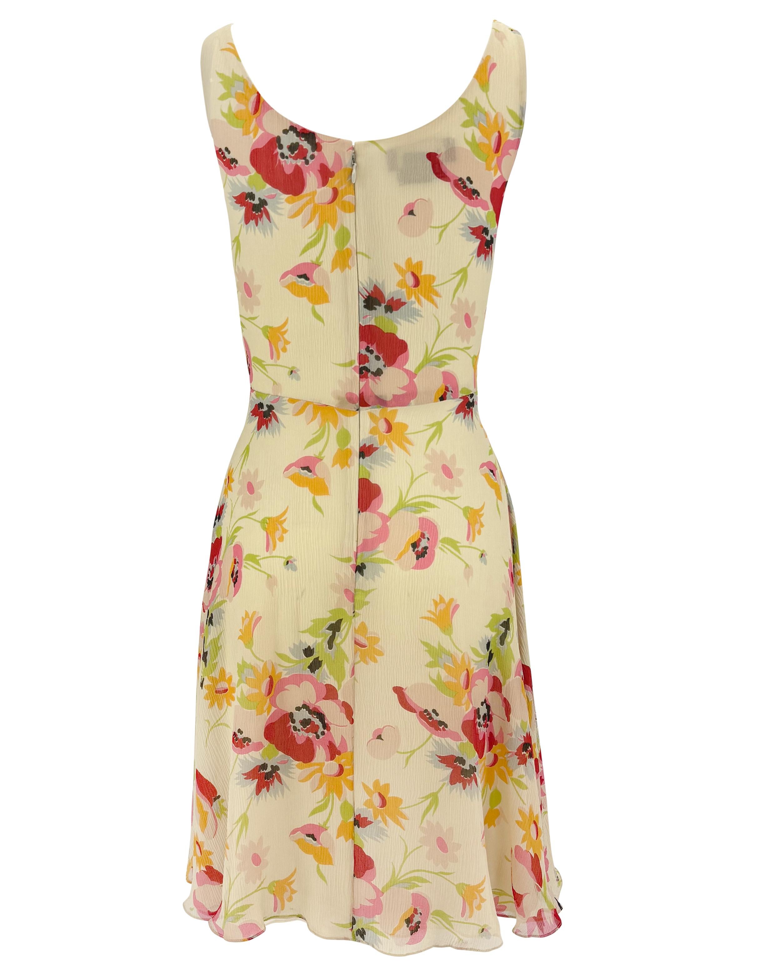 S/S 1995 Ralph Lauren Runway Off-White Floral Crepe Silk Flare Mini Dress In Excellent Condition For Sale In West Hollywood, CA