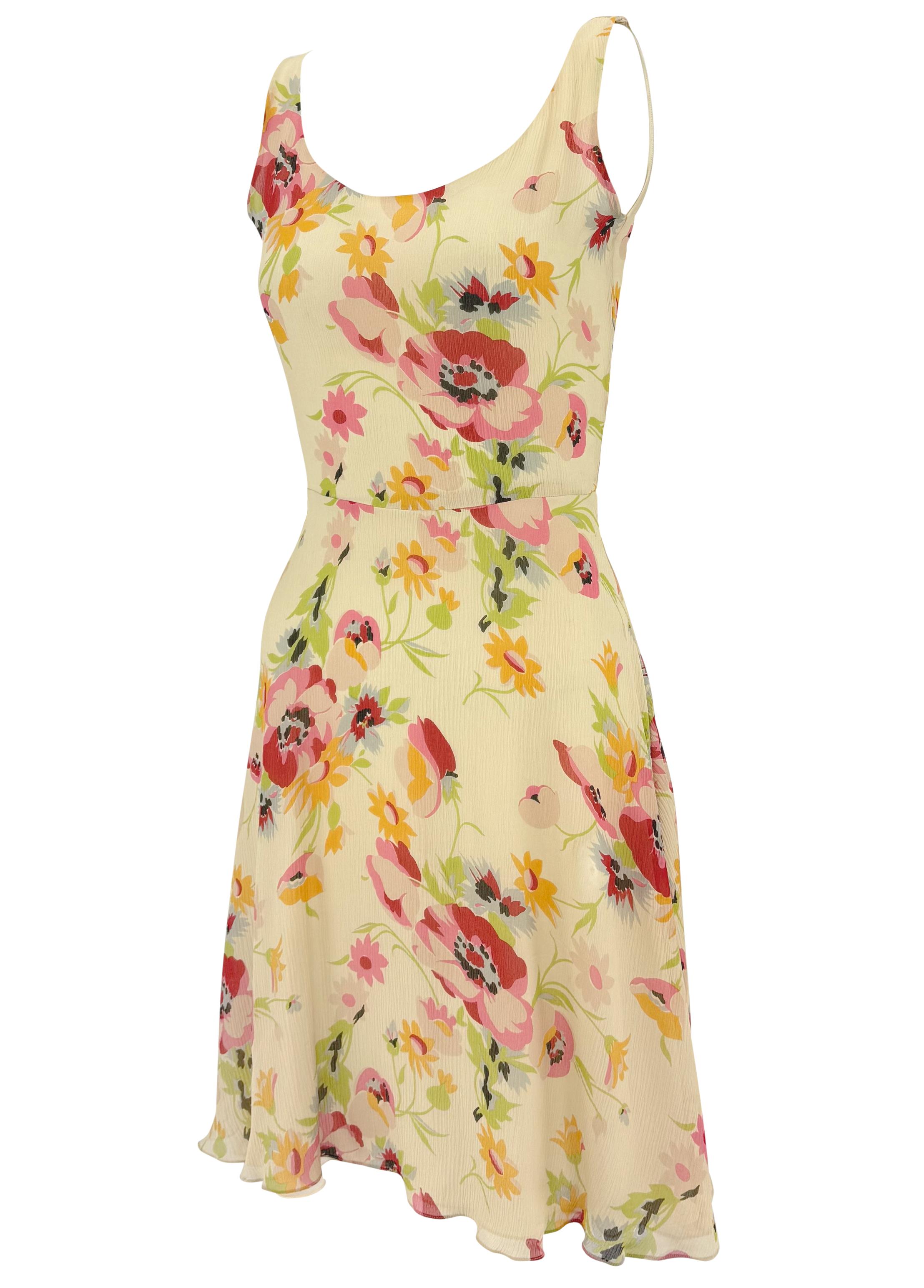 Women's S/S 1995 Ralph Lauren Runway Off-White Floral Crepe Silk Flare Mini Dress For Sale