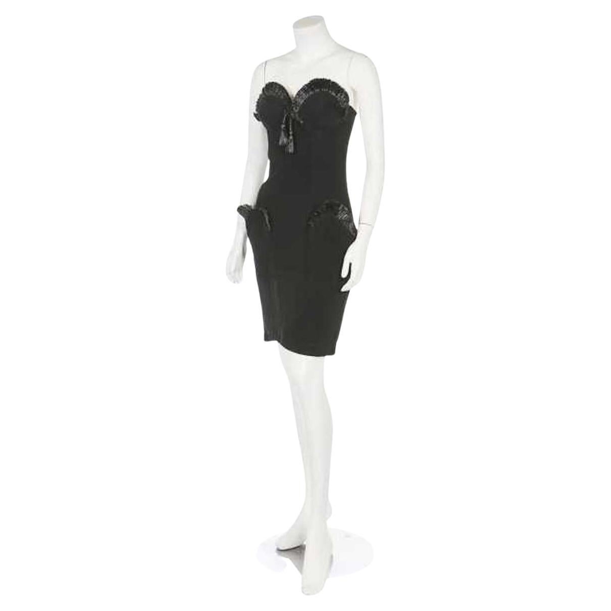 S/S 1995 Thierry Mugler black raffia strapless cocktail dress