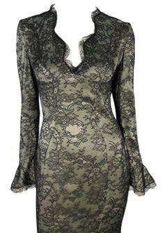 S/S 1995 Thierry Mugler Plunging Taupe Satin Black Floral Lace Overlay Gown